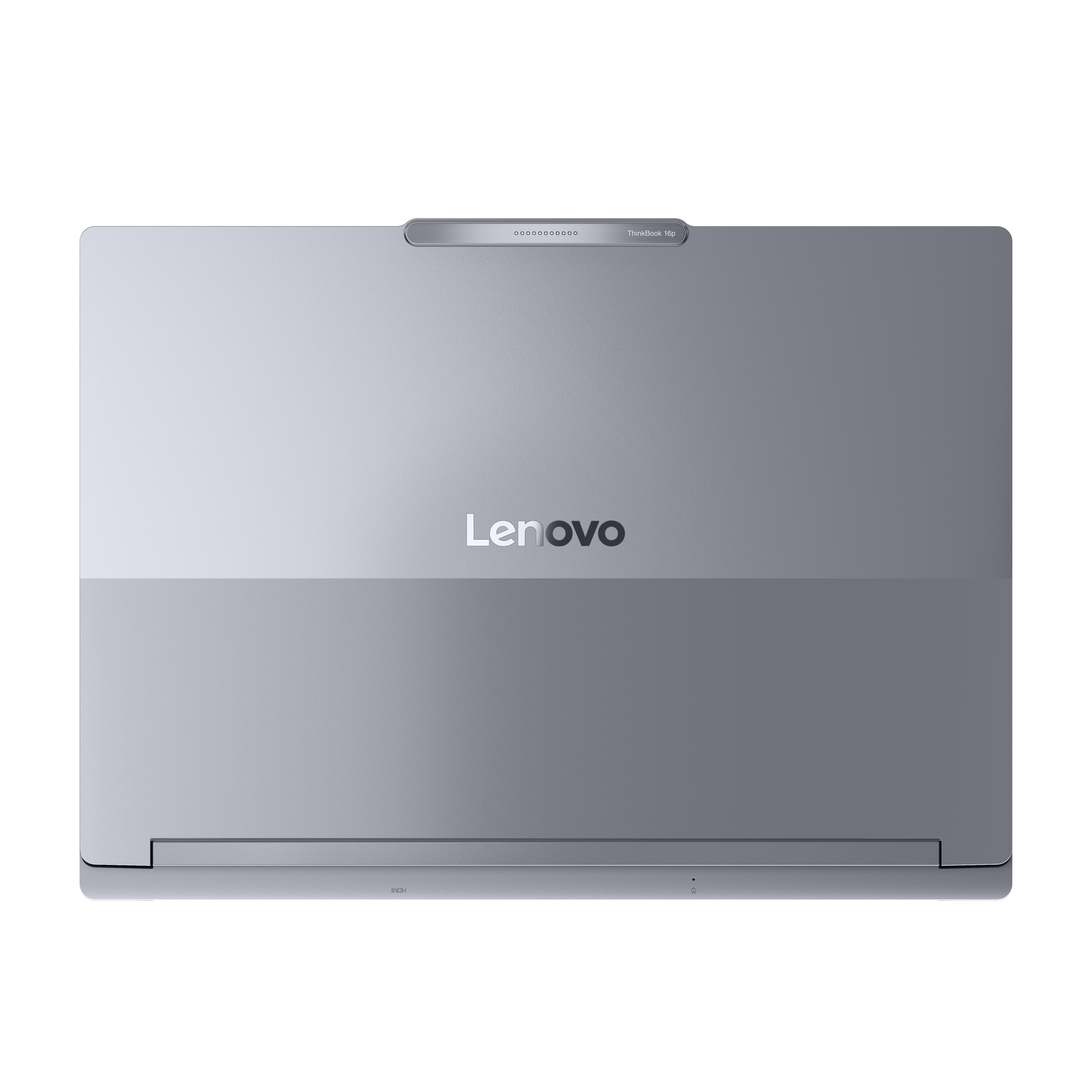 Zamknięty, srebrny laptop Lenovo ThinkBook 16p na białym tle.