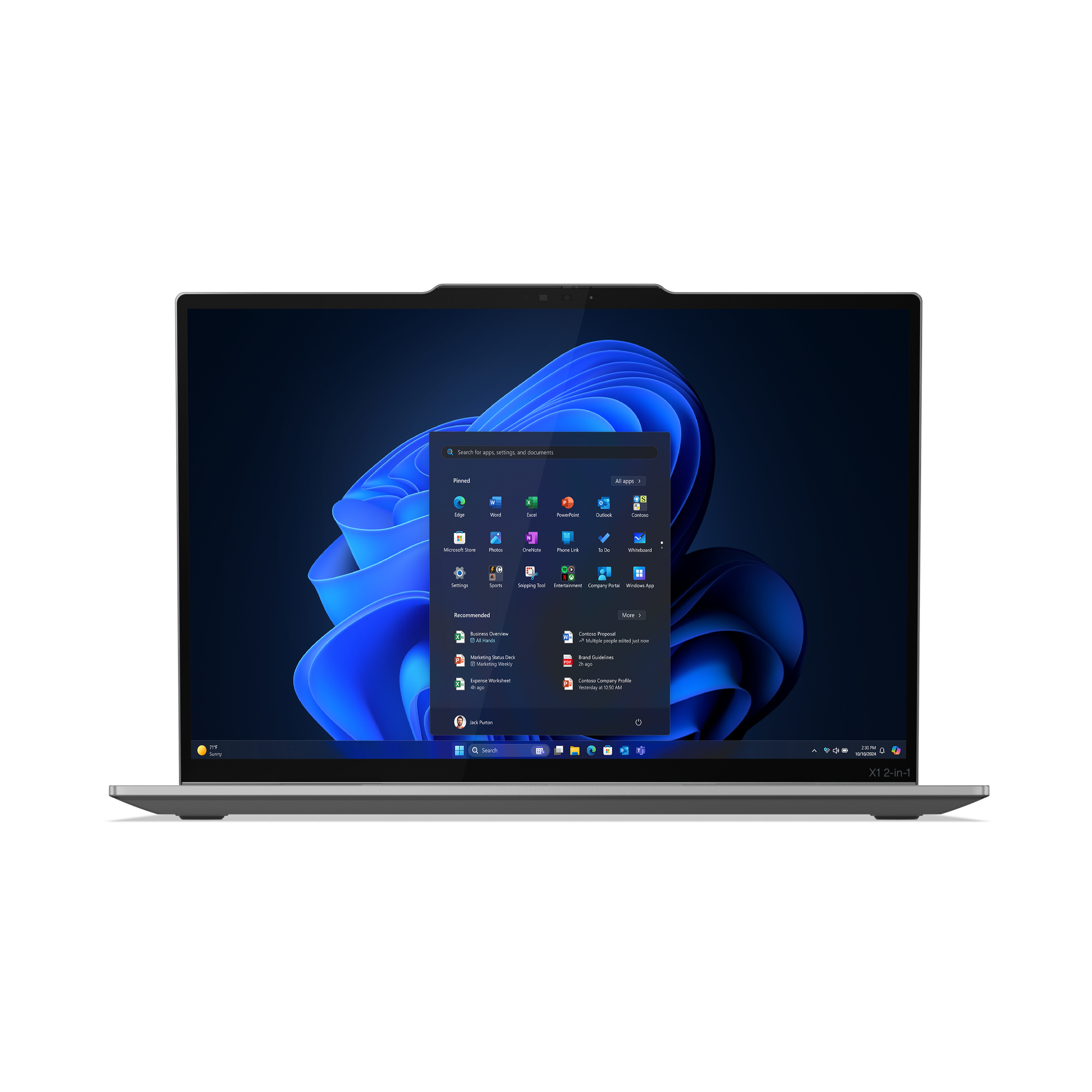Laptop wyświetlający menu Start systemu Windows 11 z niebieską tapetą falistą.