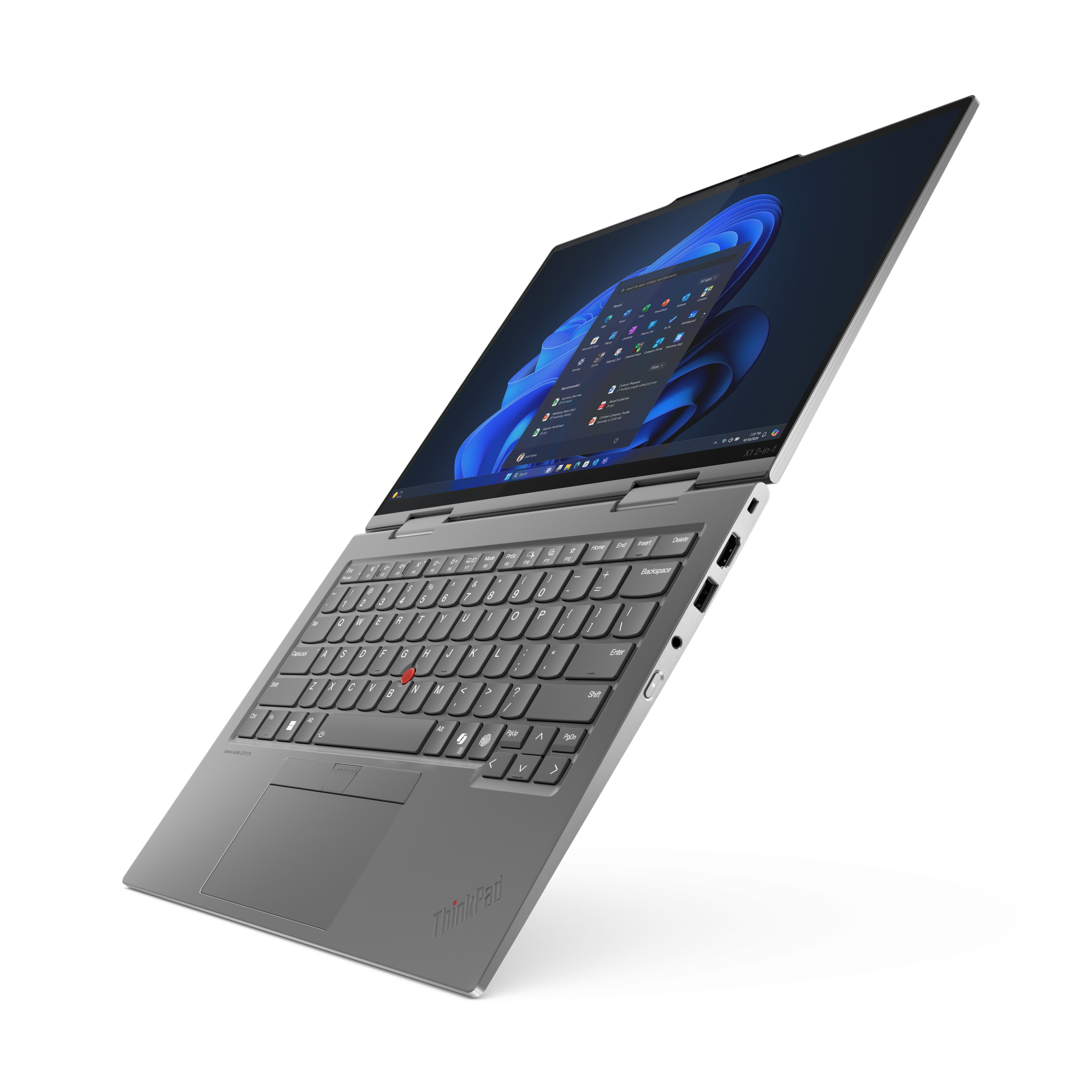 Srebrny laptop Lenovo ThinkPad X1 2-w-1 jest otwarty, pokazując klawiaturę i ekran.