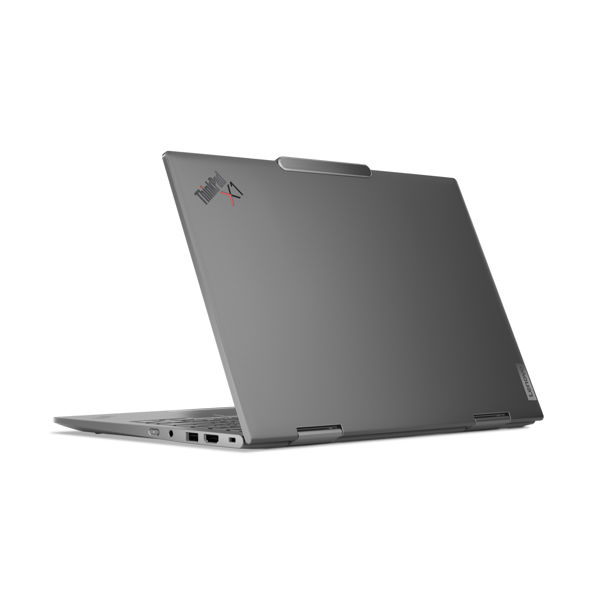Szary laptop Lenovo ThinkPad X1 na białym tle, lekko otwarty.