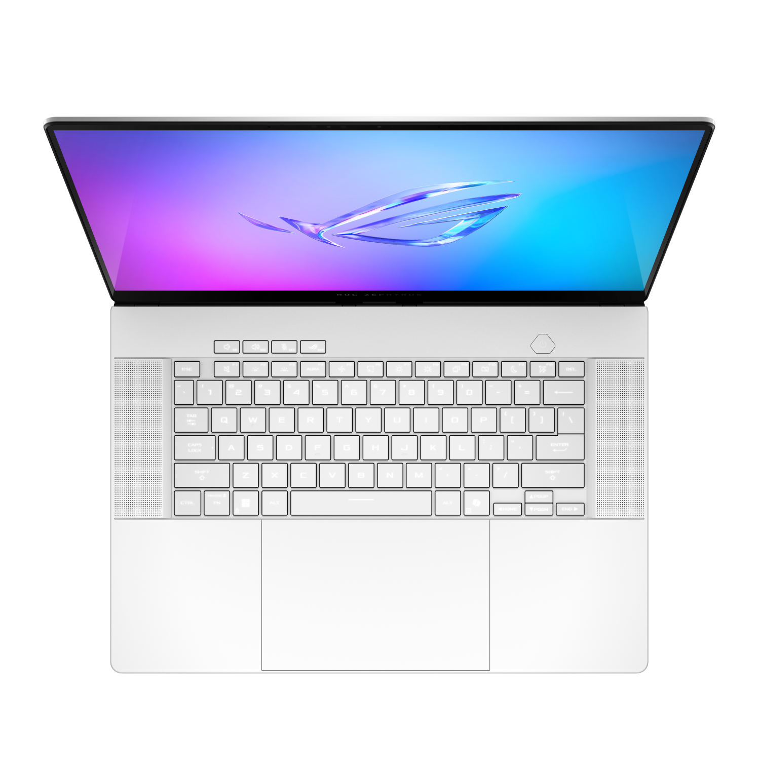 Otwarty biały laptop z klawiaturą i podświetlanym ekranem. Na ekranie widnieje logo.