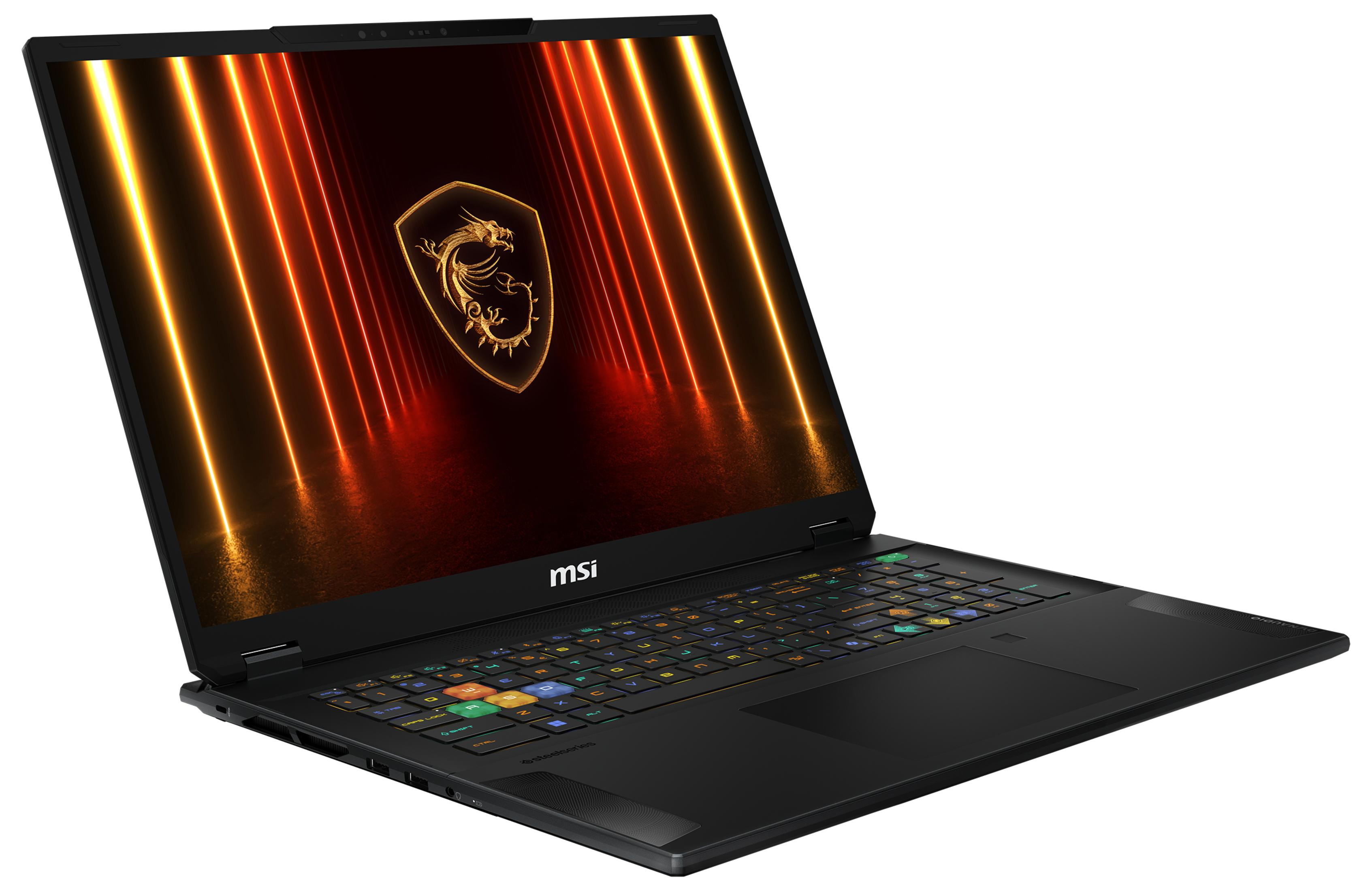 Ordinateur portable MSI noir avec clavier rétroéclairé et logo dragon à l'écran.