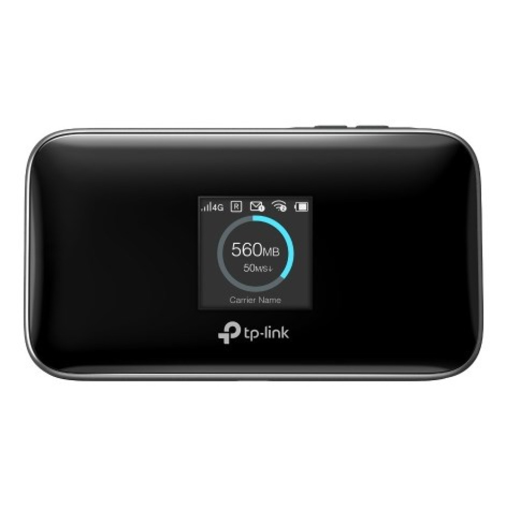 Czarny mobilny hotspot Wi-Fi TP-Link wyświetlający 560MB użytych danych i nazwę operatora.