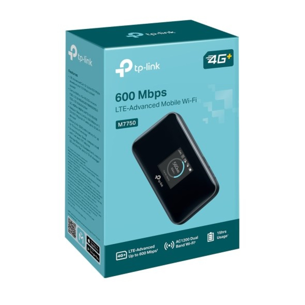Pudełko TP-Link: 600 Mbps LTE-Advanced mobilne Wi-Fi M7750, czarne urządzenie na ekranie.