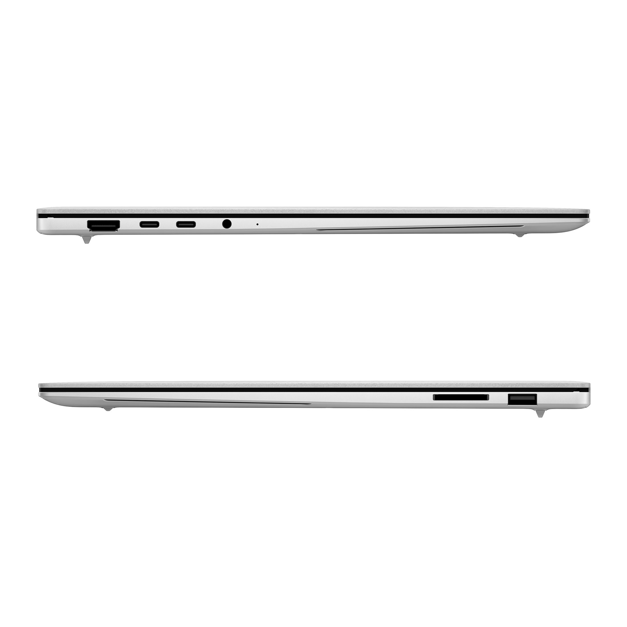 In alto: Porte laptop con HDMI e USB-C. In basso: Porte laptop con lettore di schede SD e USB-A.