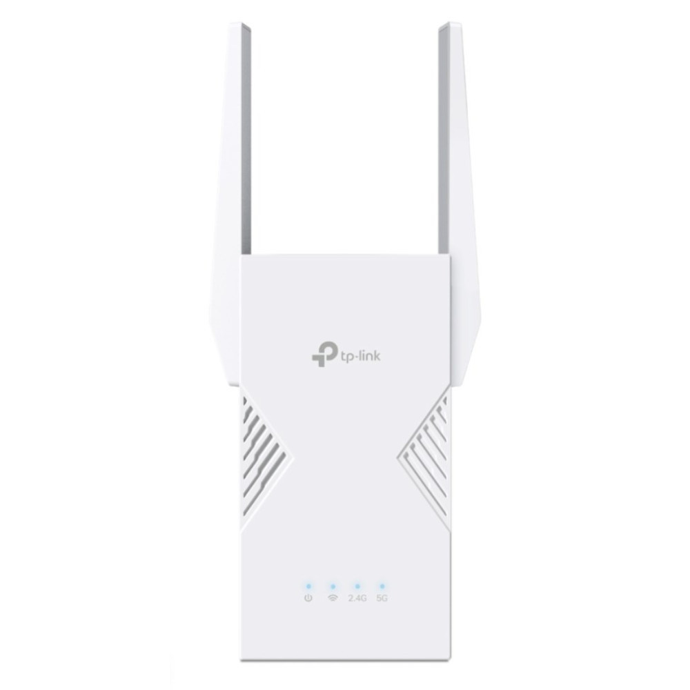 Biały wzmacniacz Wi-Fi TP-Link z dwiema antenami i diodami statusu.