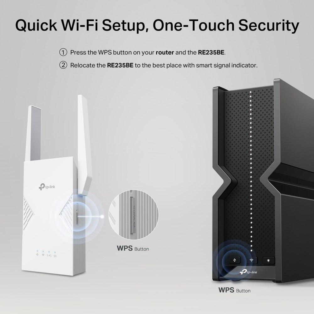 Biały i czarny wzmacniacz Wi-Fi z przyciskami WPS.