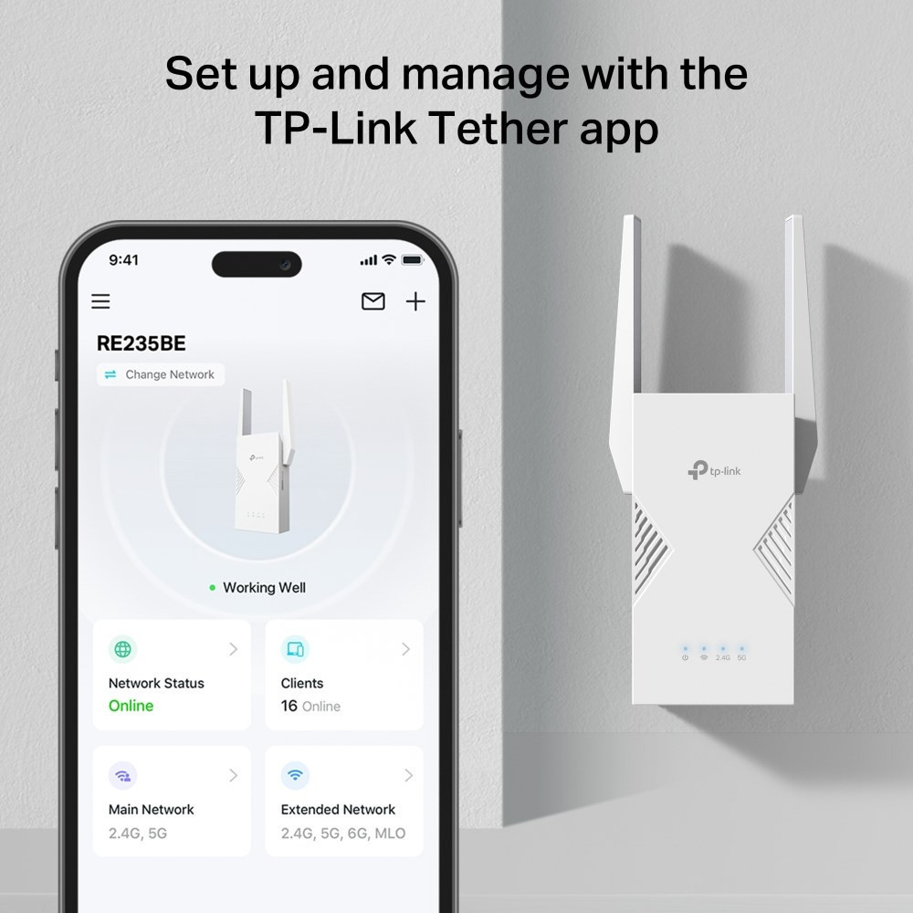 Repeater TP-Link RE235BE pokazany obok smartfona z aplikacją TP-Link Tether.