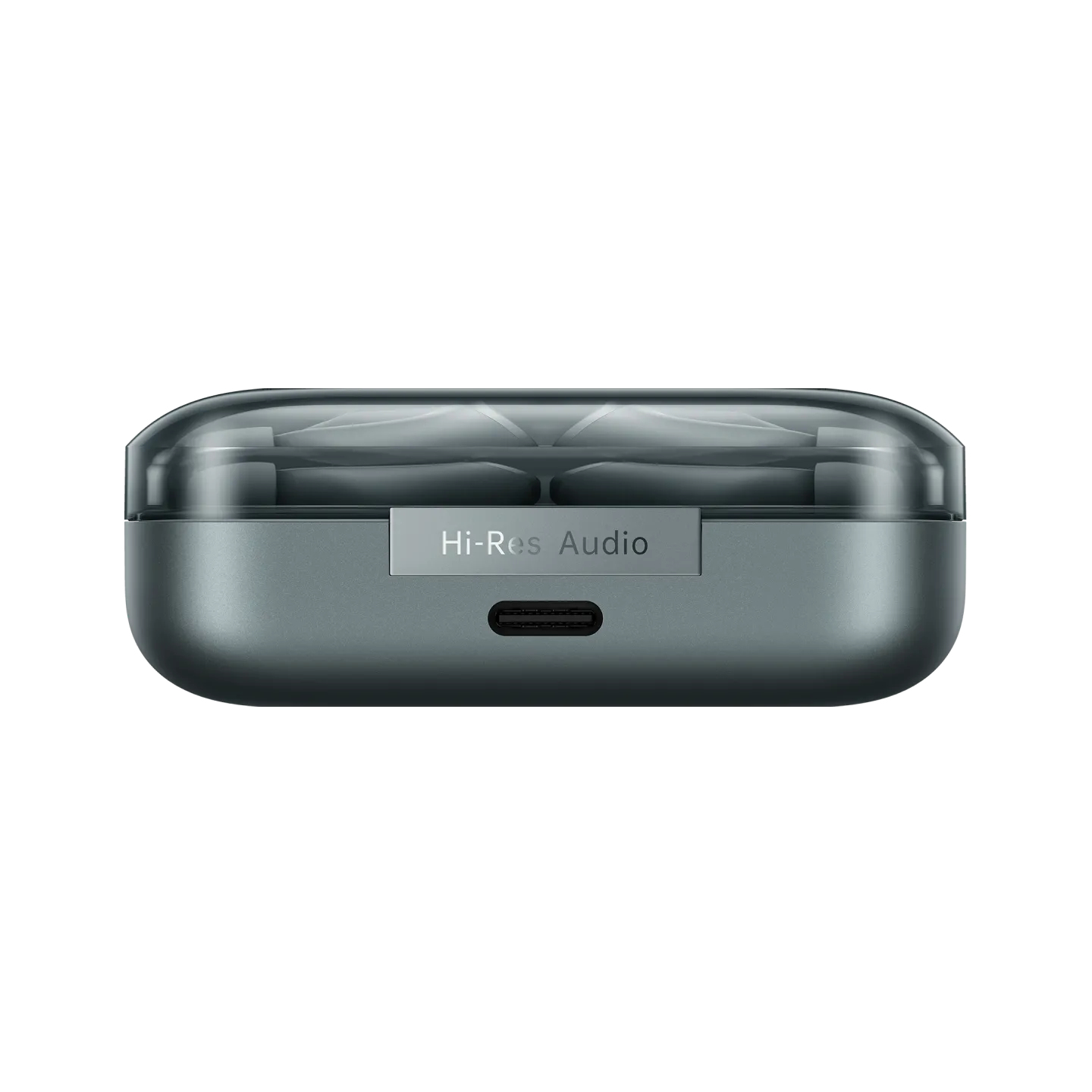 Custodia di ricarica grigia per auricolari con coperchio trasparente e porta USB-C.