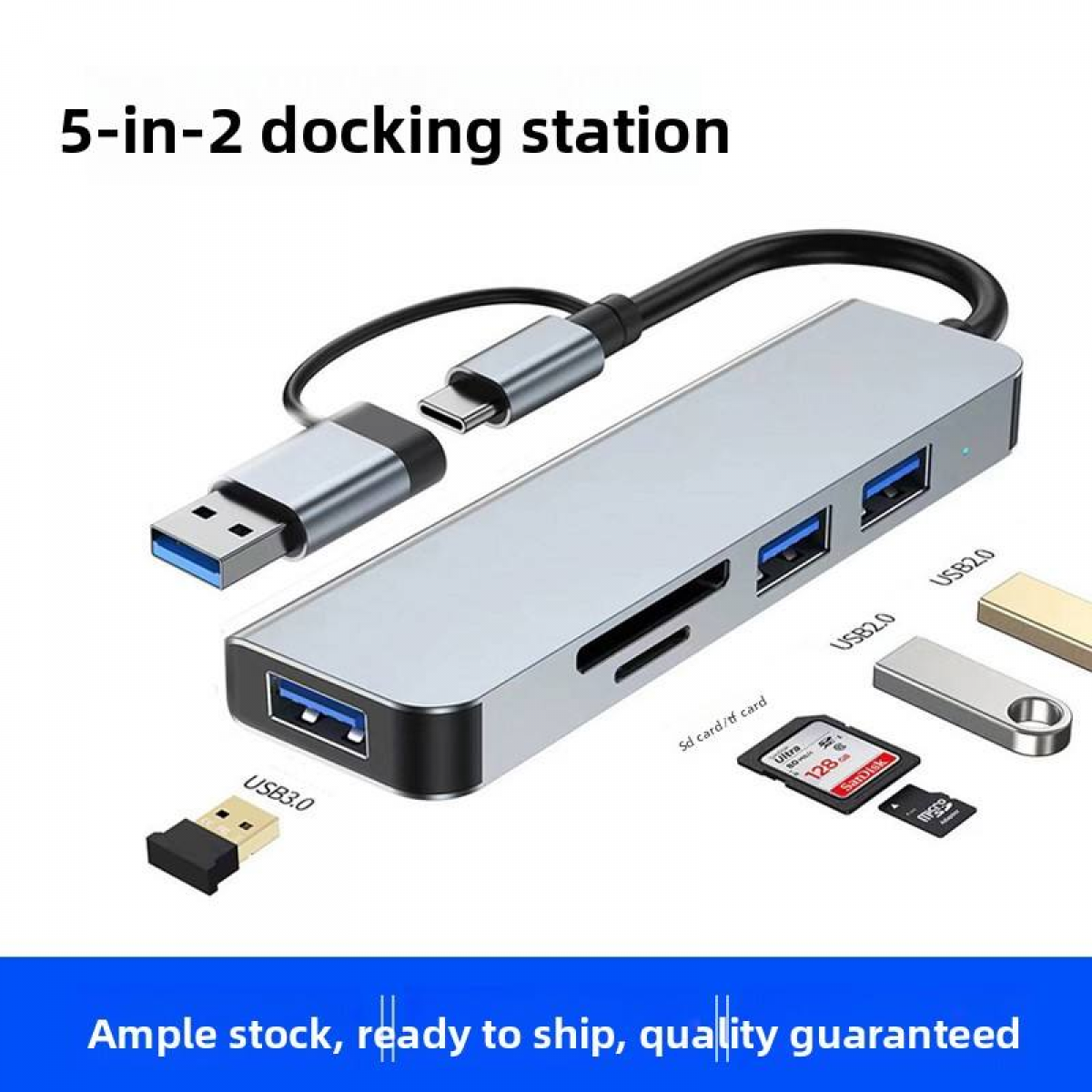 Silberne 5-in-2 Dockingstation mit USB-C, USB-A, SD- und TF-Kartensteckplätzen.