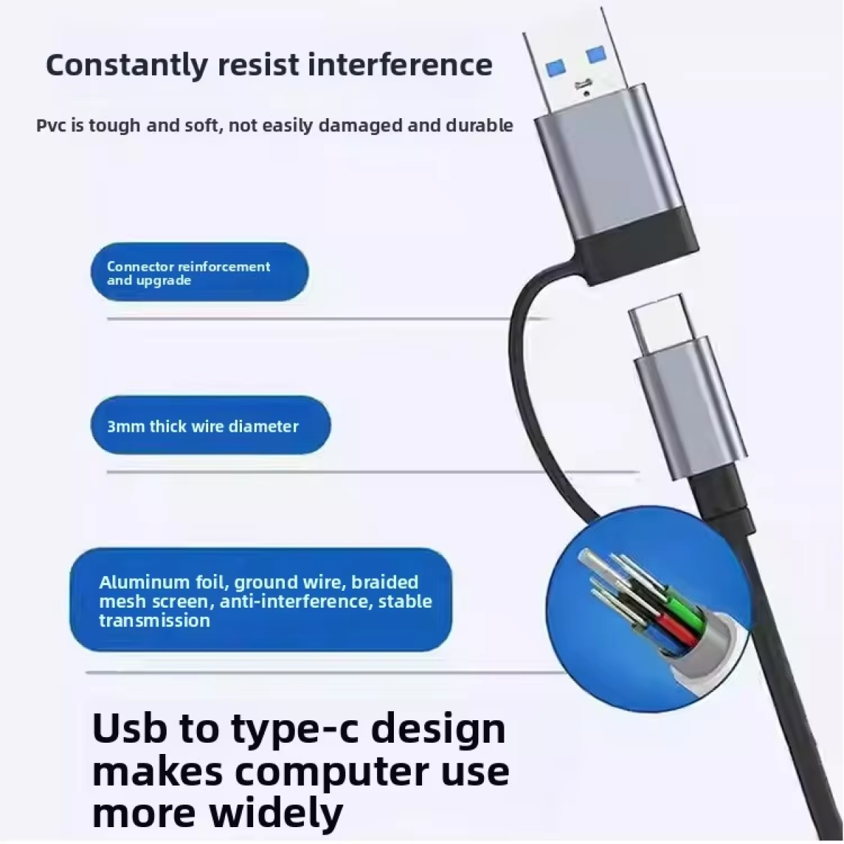 USB-zu-Typ-C-Kabel mit verstärkten Anschlüssen und 3 mm Drahtdurchmesser.