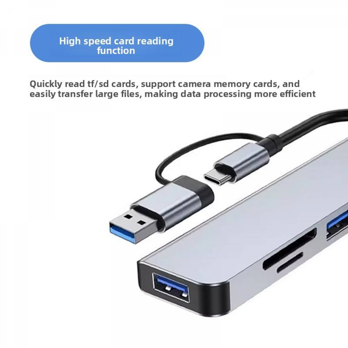 Ein silberner USB-Hub mit SD-Kartensteckplätzen und USB-Anschlüssen.