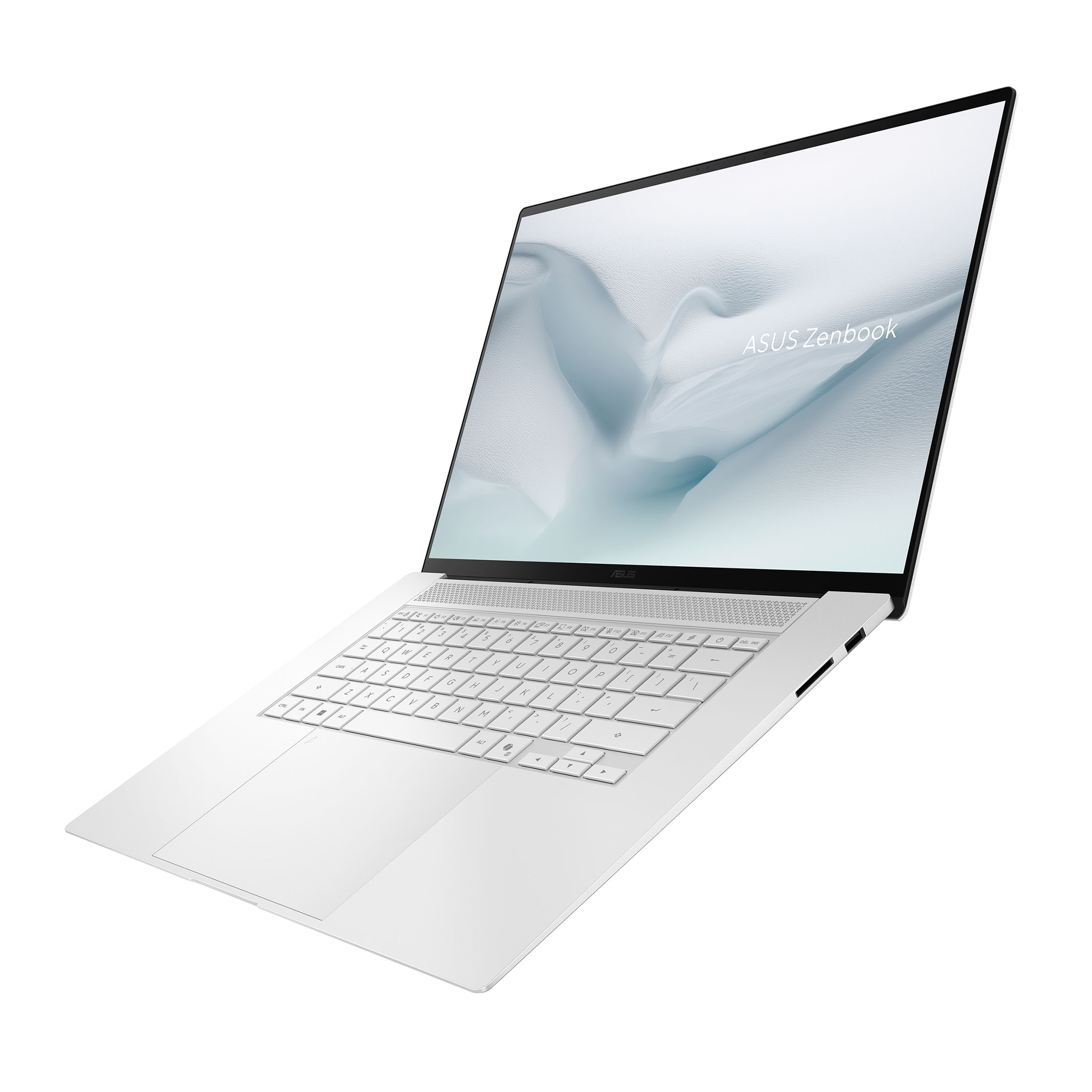 Un ordinateur portable Asus Zenbook blanc affichant son clavier et son pavé tactile sur fond blanc.