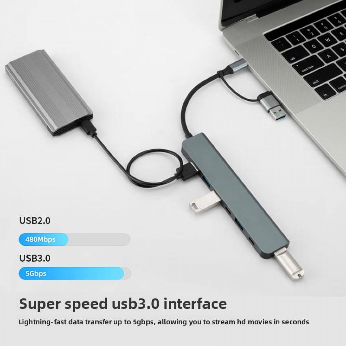 Ein Laptop ist mit einem grauen USB-Hub verbunden, der mit einer externen Festplatte verbunden ist.