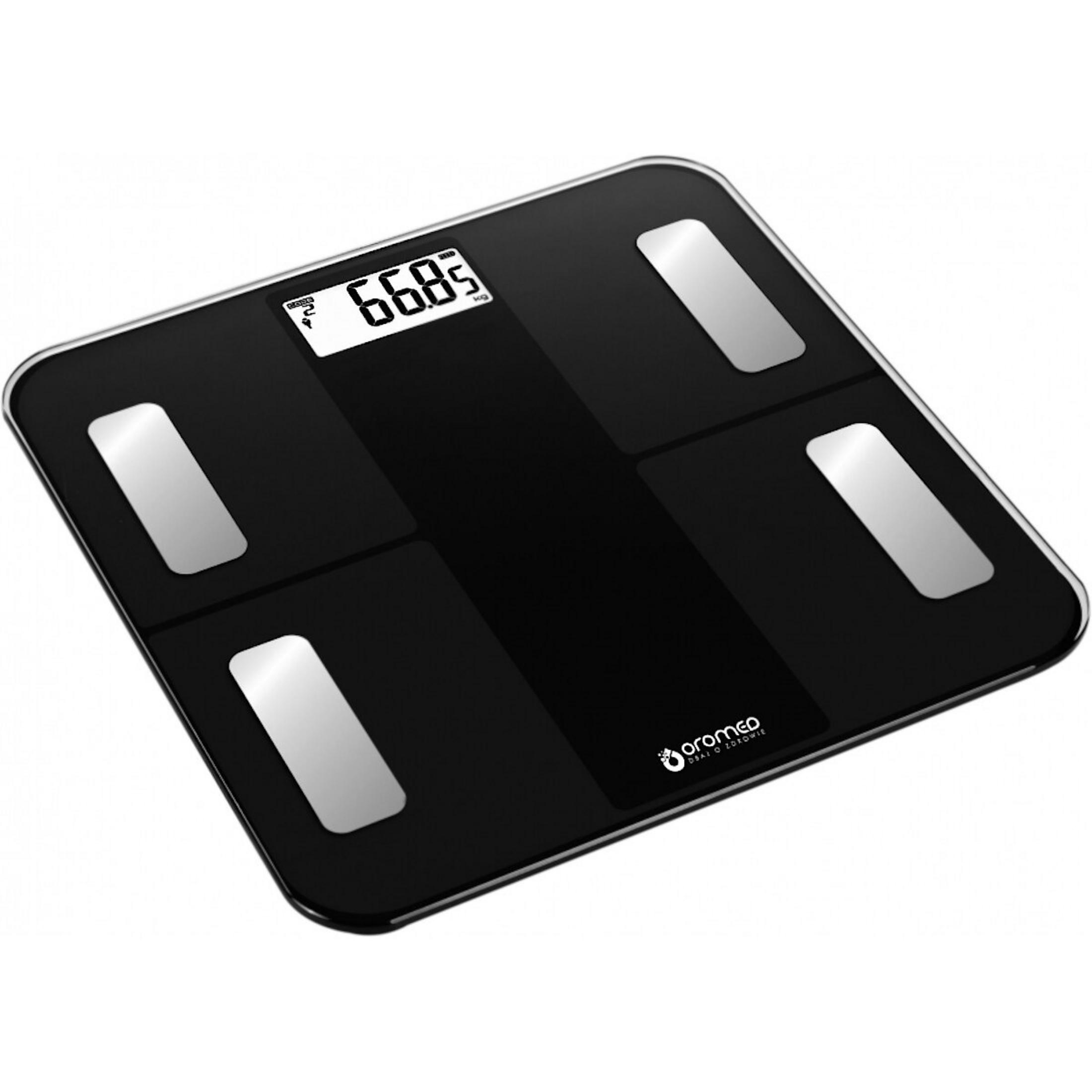Eine schwarze digitale Personenwaage mit silbernen Akzenten und einer Anzeige von 66,85 kg.