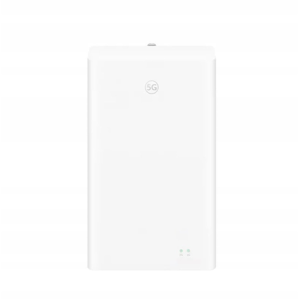 Białe urządzenie 5G z dwoma zielonymi wskaźnikami LED na dole.