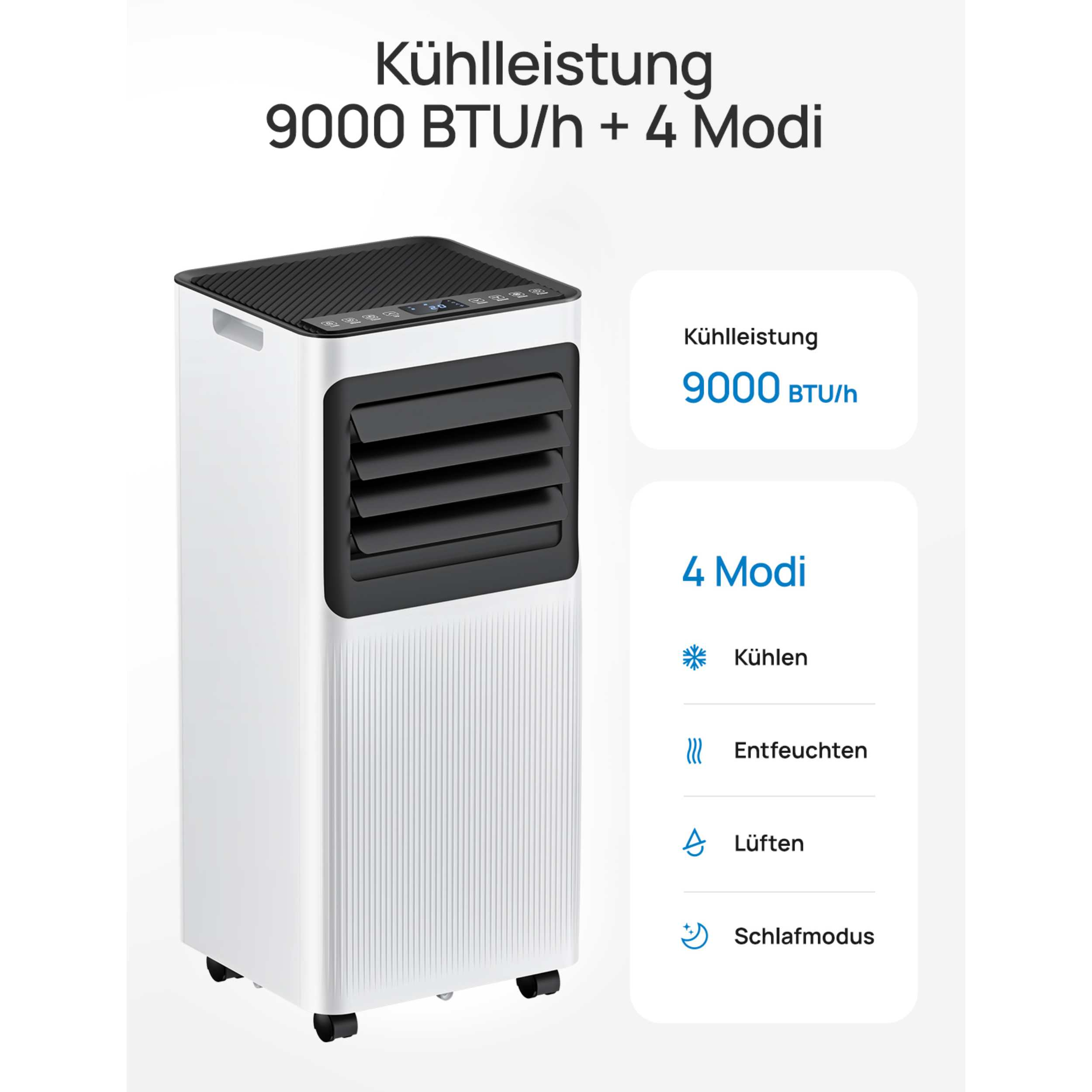 Ein weißer mobiler Klimaanlagen-Turm mit Lüftungsschlitzen und Bedienelementen.