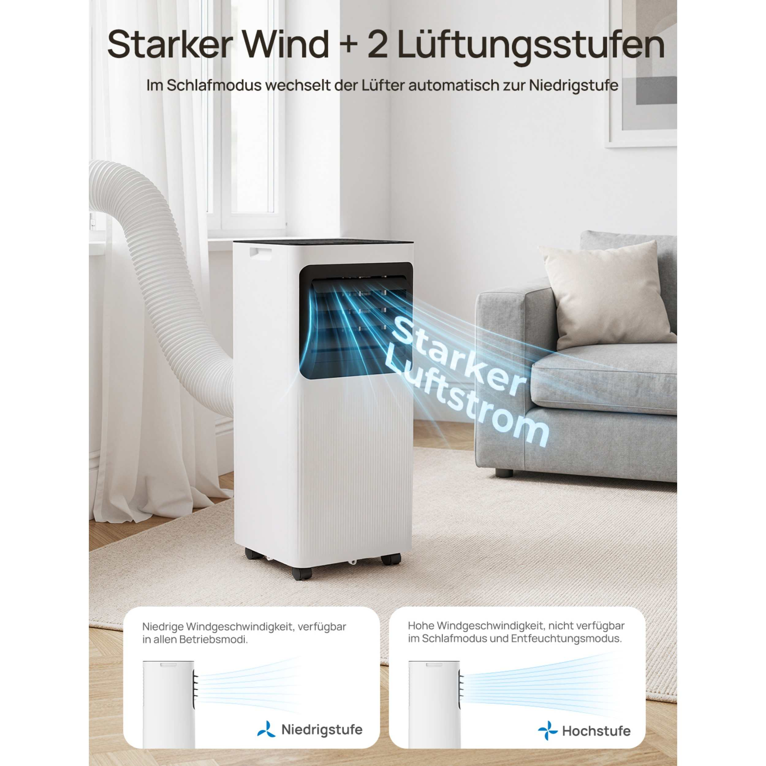 Ein weißer mobiler Klimaanlagen-Luftkühler mit Lüftungsschlauch.