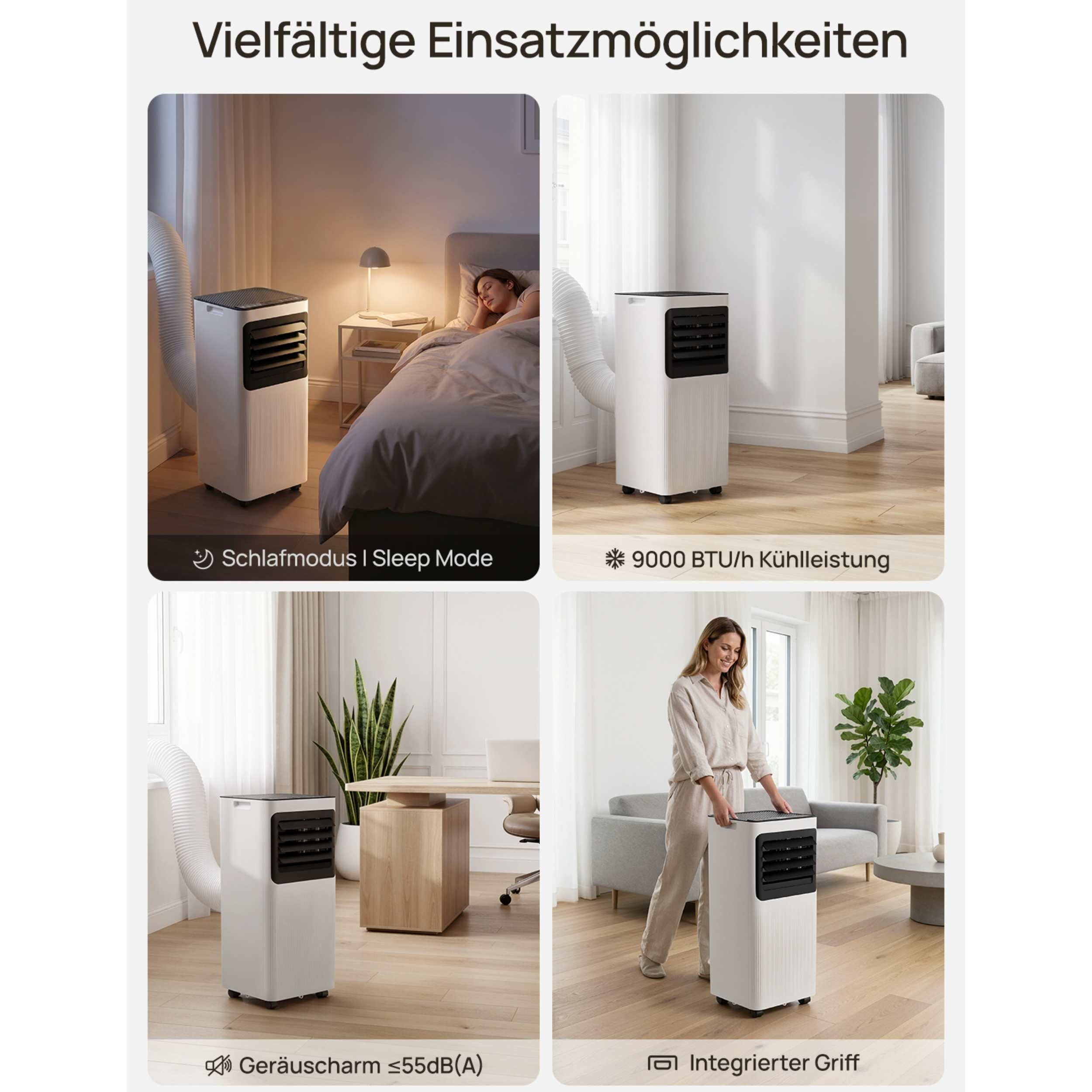 Vier Szenen zeigen einen weißen Klimaanlagen-Turm in verschiedenen Umgebungen.
