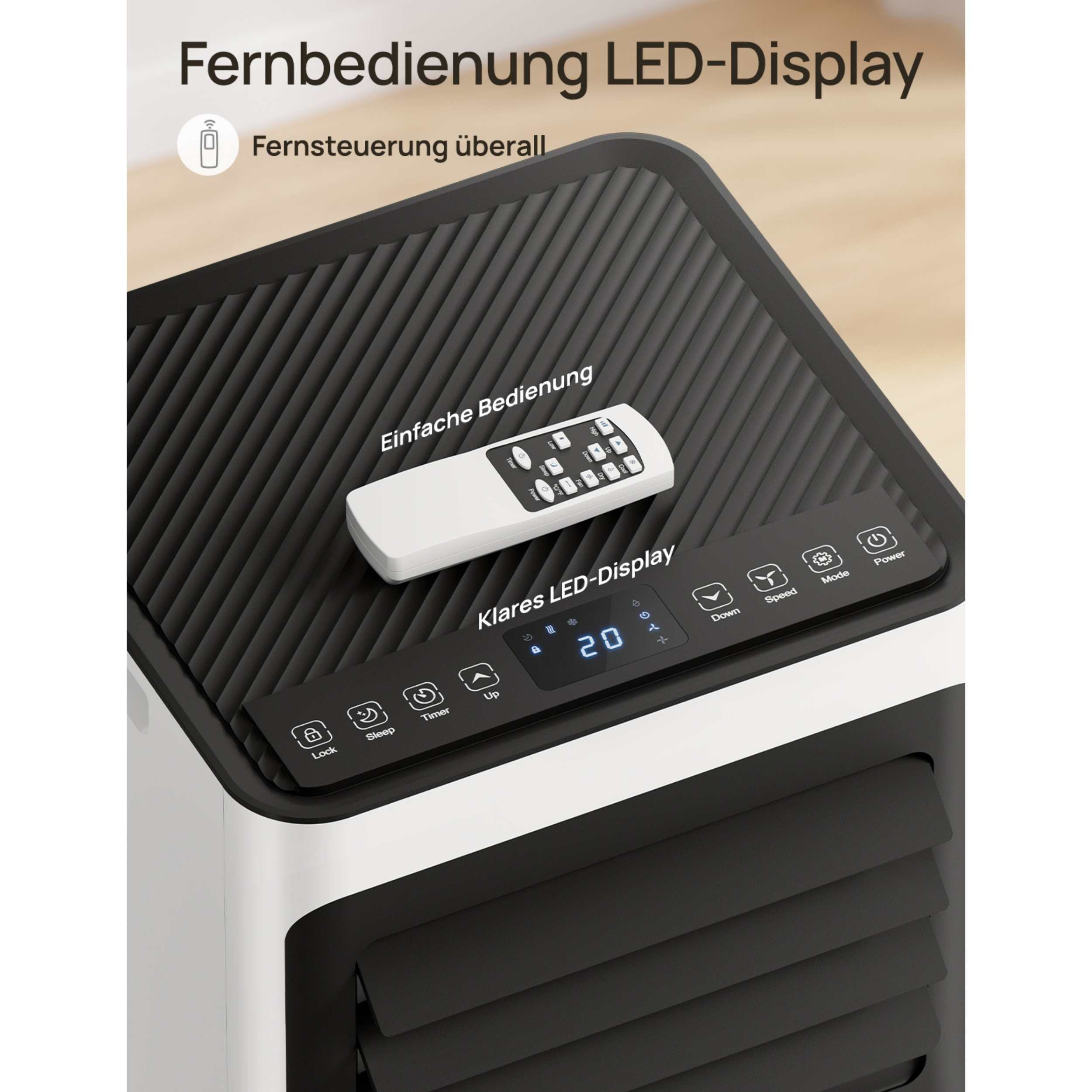Ein weißes Steuergerät liegt auf einem schwarzen Luftkühler mit LED-Display und Tasten.