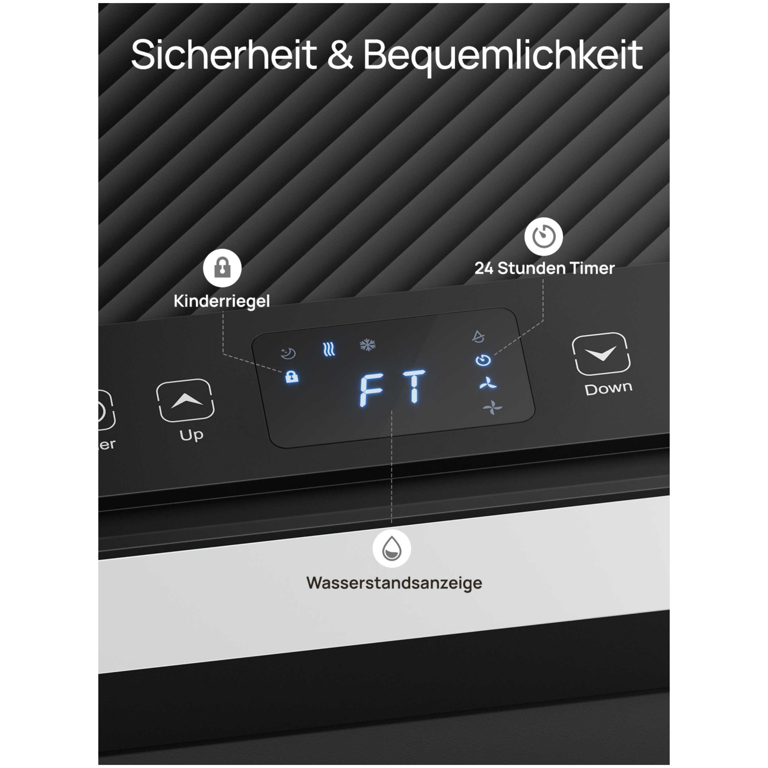 Ein Display zeigt Symbole und Text für Kindersicherung, Timer und Wasserstand.