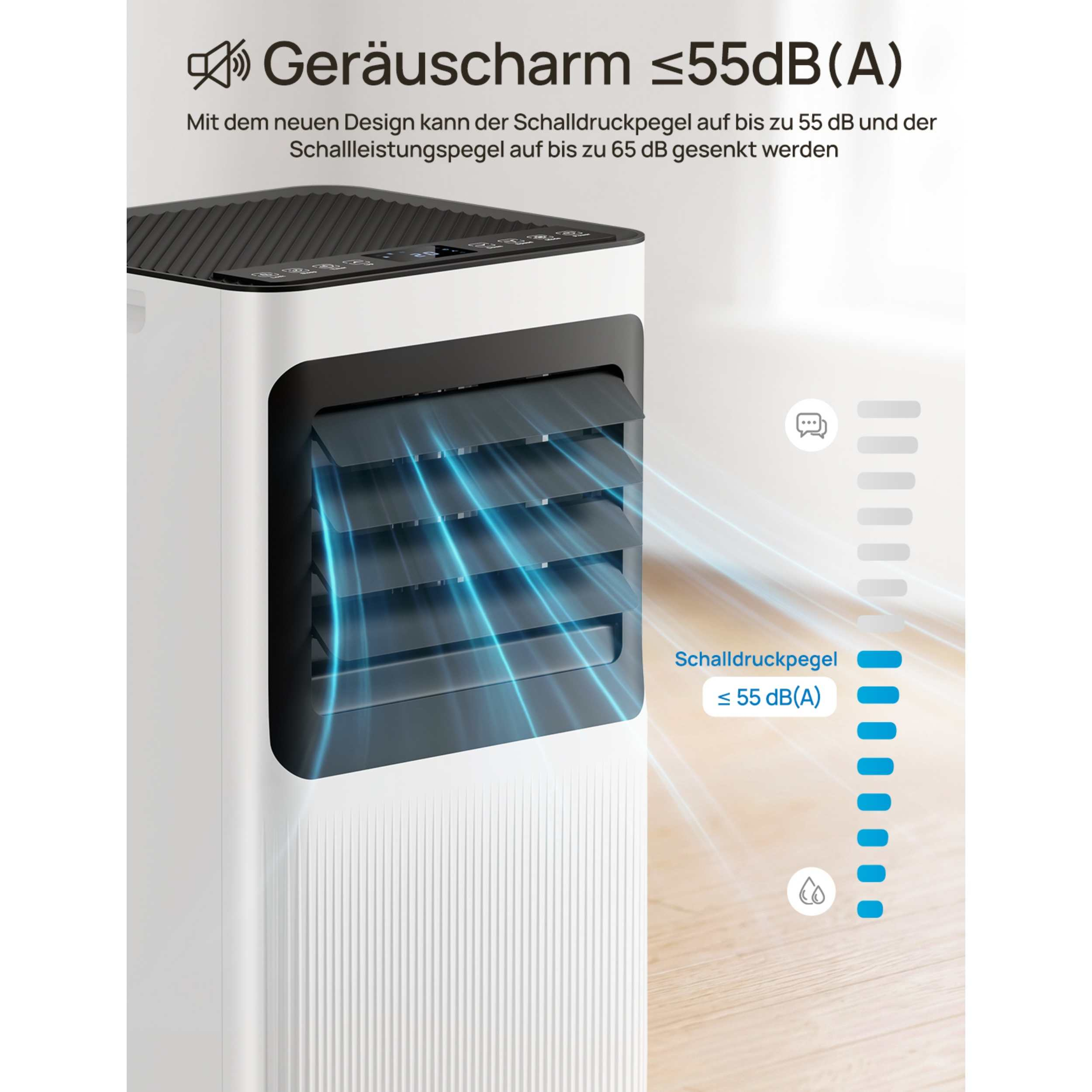 Luftkühler mit leisen Betriebsanzeige, <lt/>55dB(A) Schallpegel.