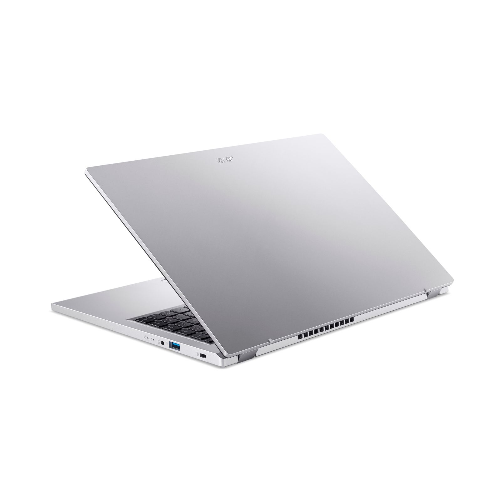 Ein silberner Acer Laptop ist geöffnet, die Tastatur und Anschlüsse sind sichtbar.