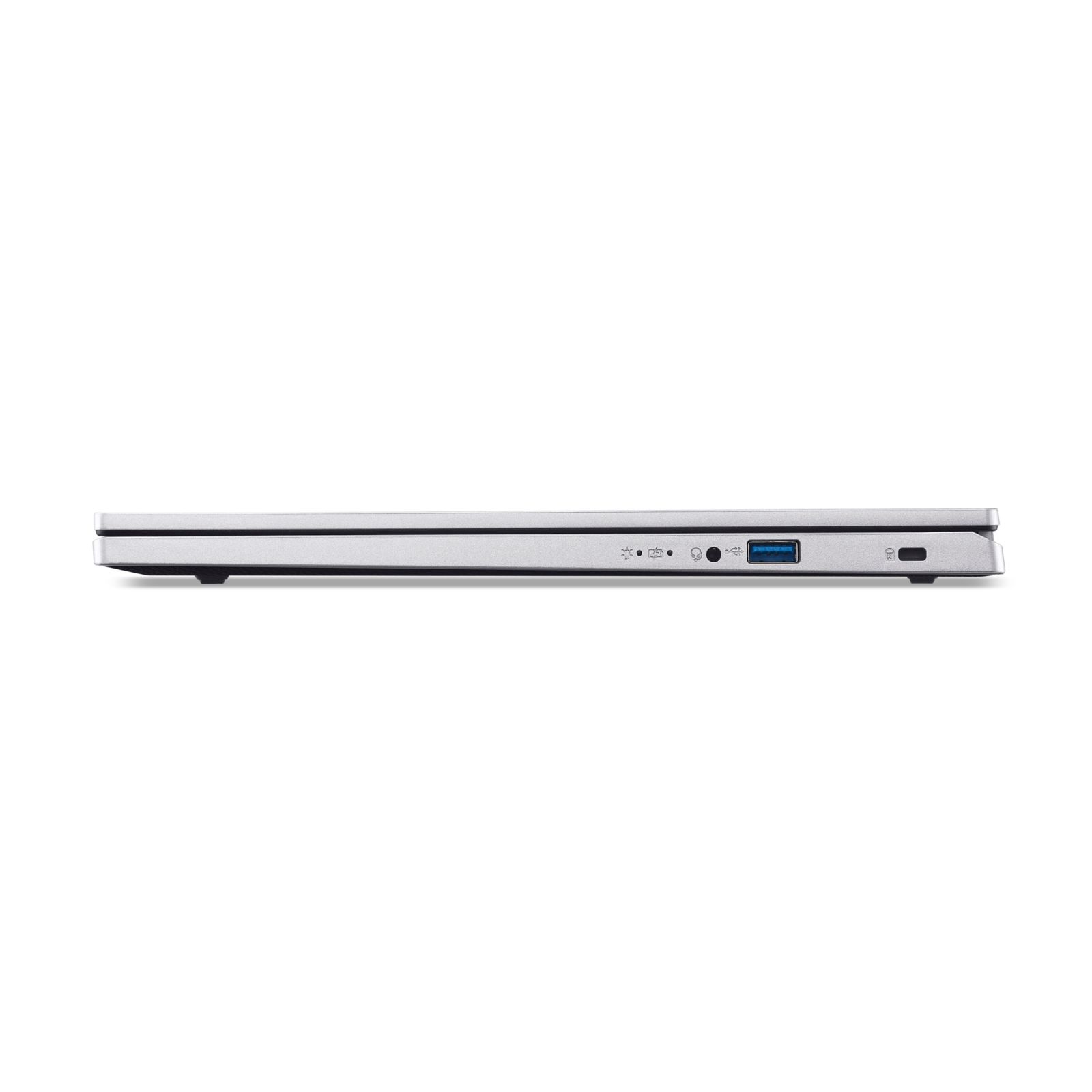 Ein silberner Laptop, von der Seite gesehen, zeigt Anschlüsse.
