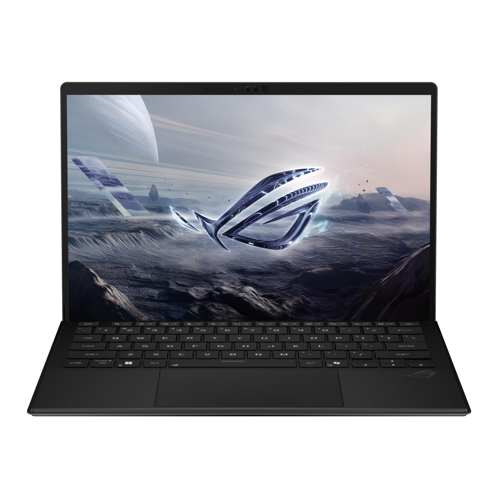 Ein schwarzer Laptop mit einem Sci-Fi-Desktop-Hintergrund mit einem Planeten und einem stilisierten Logo.