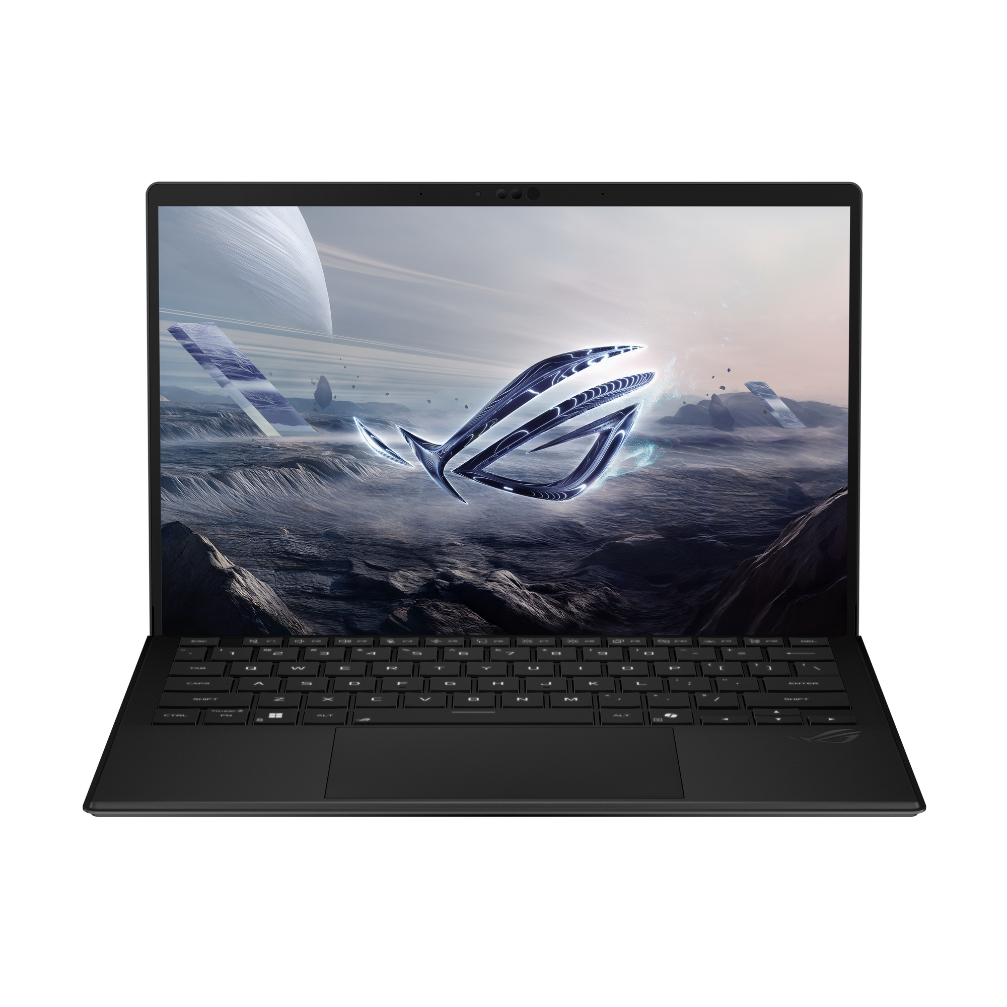 Czarny laptop wyświetlający futurystyczną tapetę obcej planety z logo.