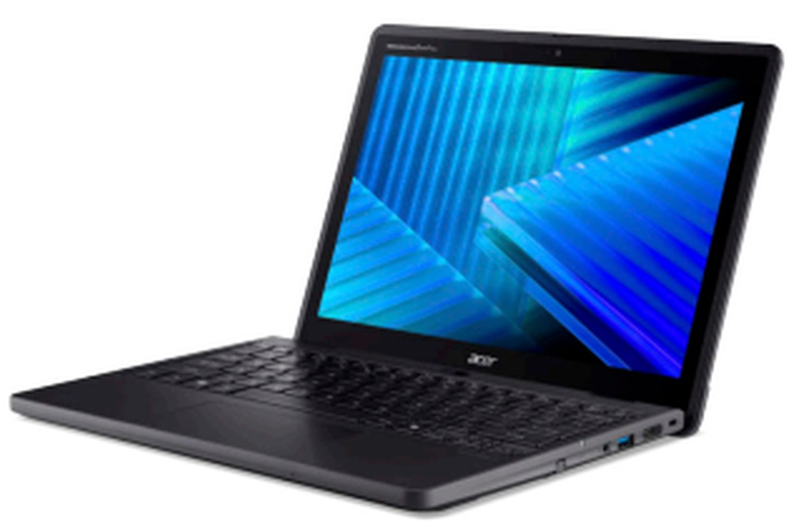 Ein geöffneter schwarzer Acer Laptop mit blauem Hintergrundbild.