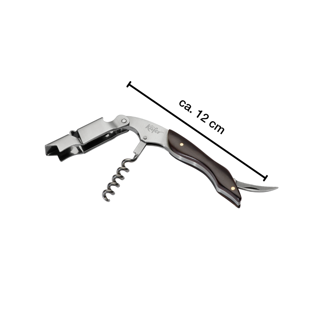 Ein Kellnermesser aus Metall und dunklem Holz mit Flaschenöffner und Korkenzieher.