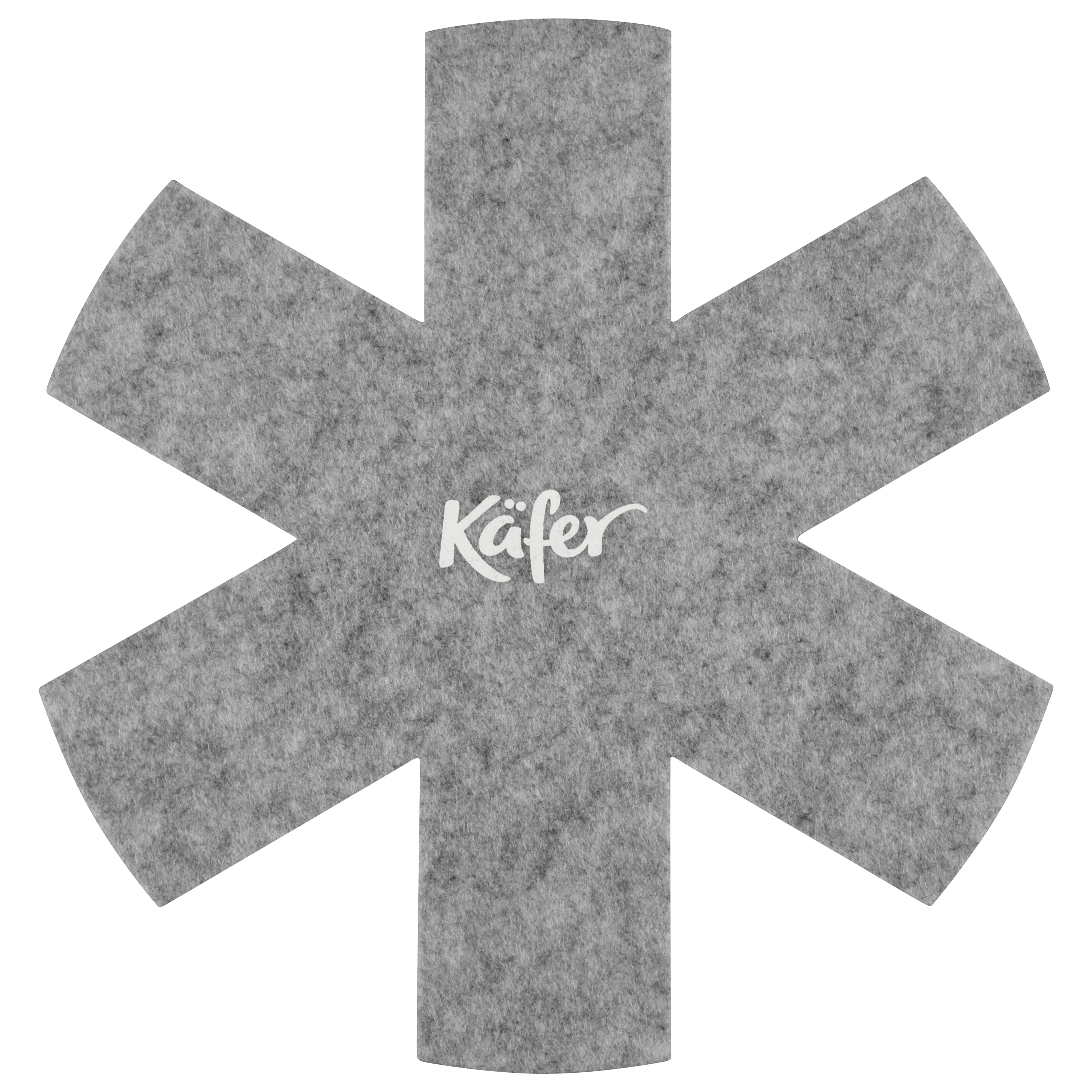 Grauer Sternfilz-Topfschutz mit weißem Schriftzug "Käfer".