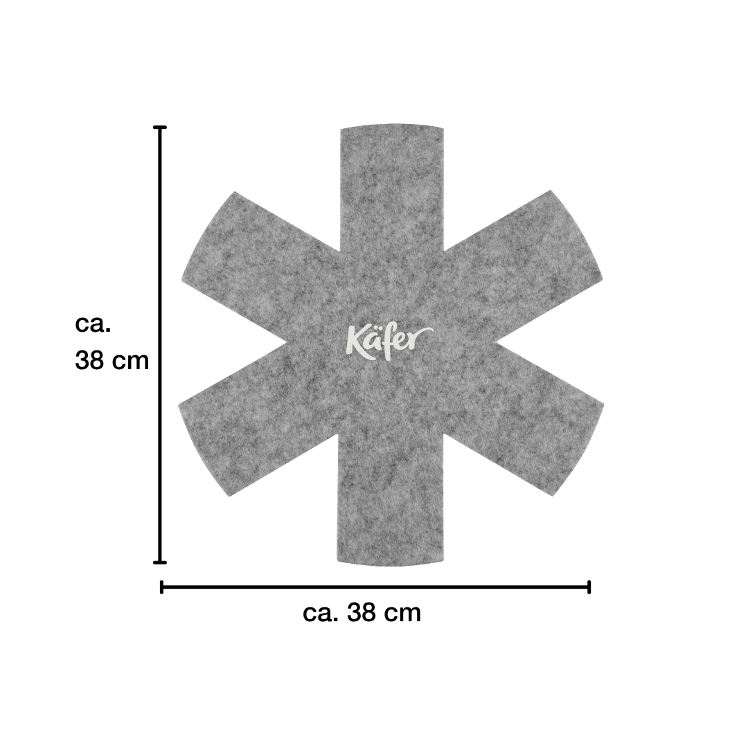 Grauer Filz-Topfuntersetzer in Sternform mit dem Schriftzug "Käfer".