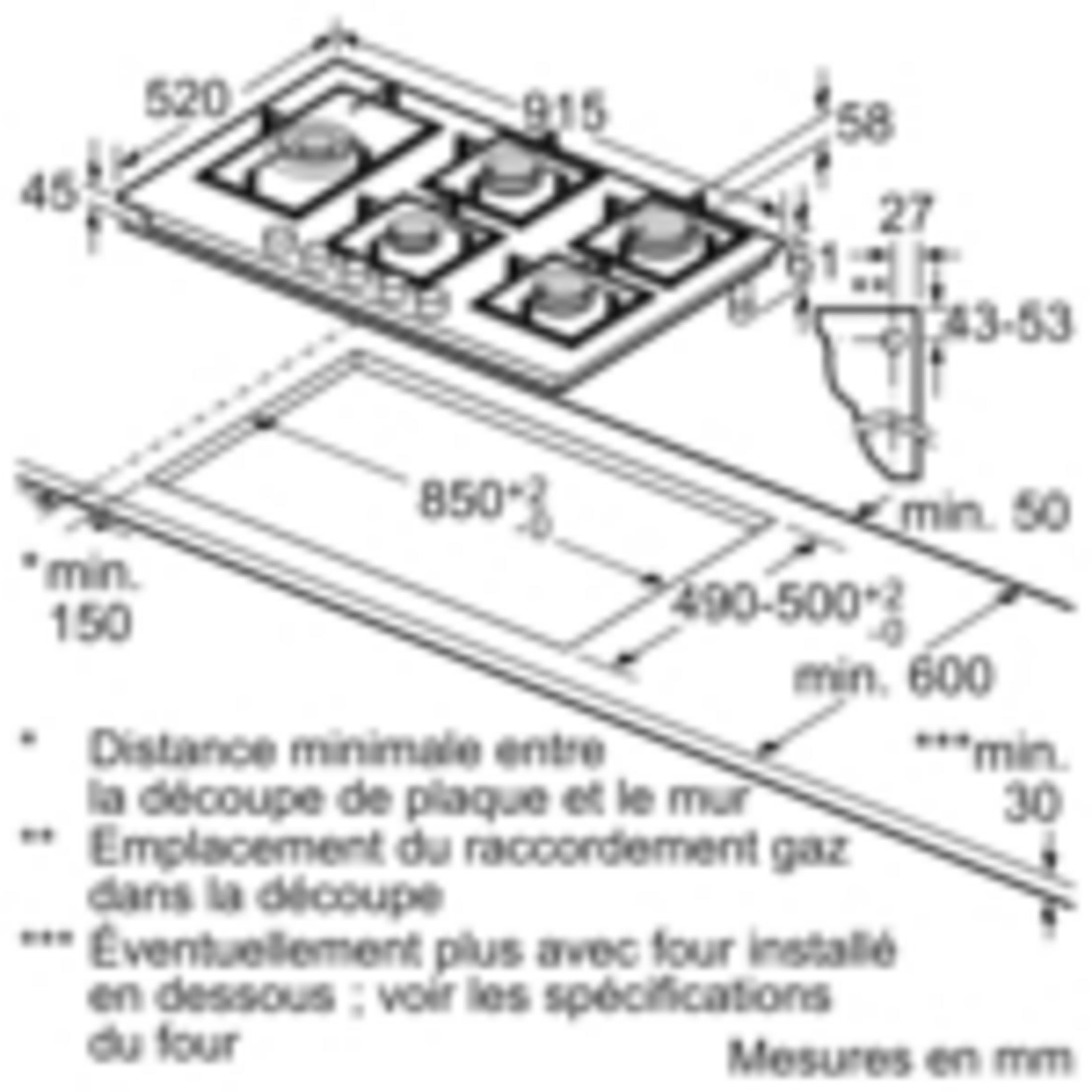 Technical drawing of a gas hob with dimensions and installation instructions.