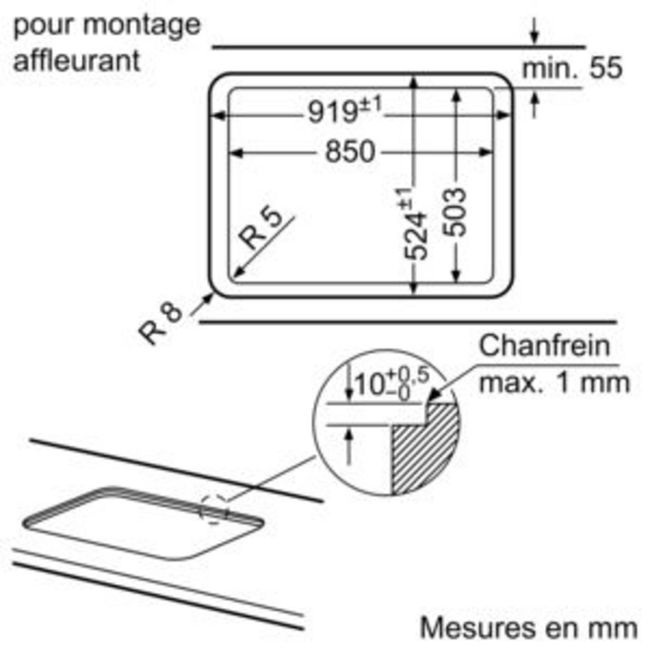 Dessin technique avec dimensions pour montage affleurant, découpe 850x524 mm, rayon 8 mm.