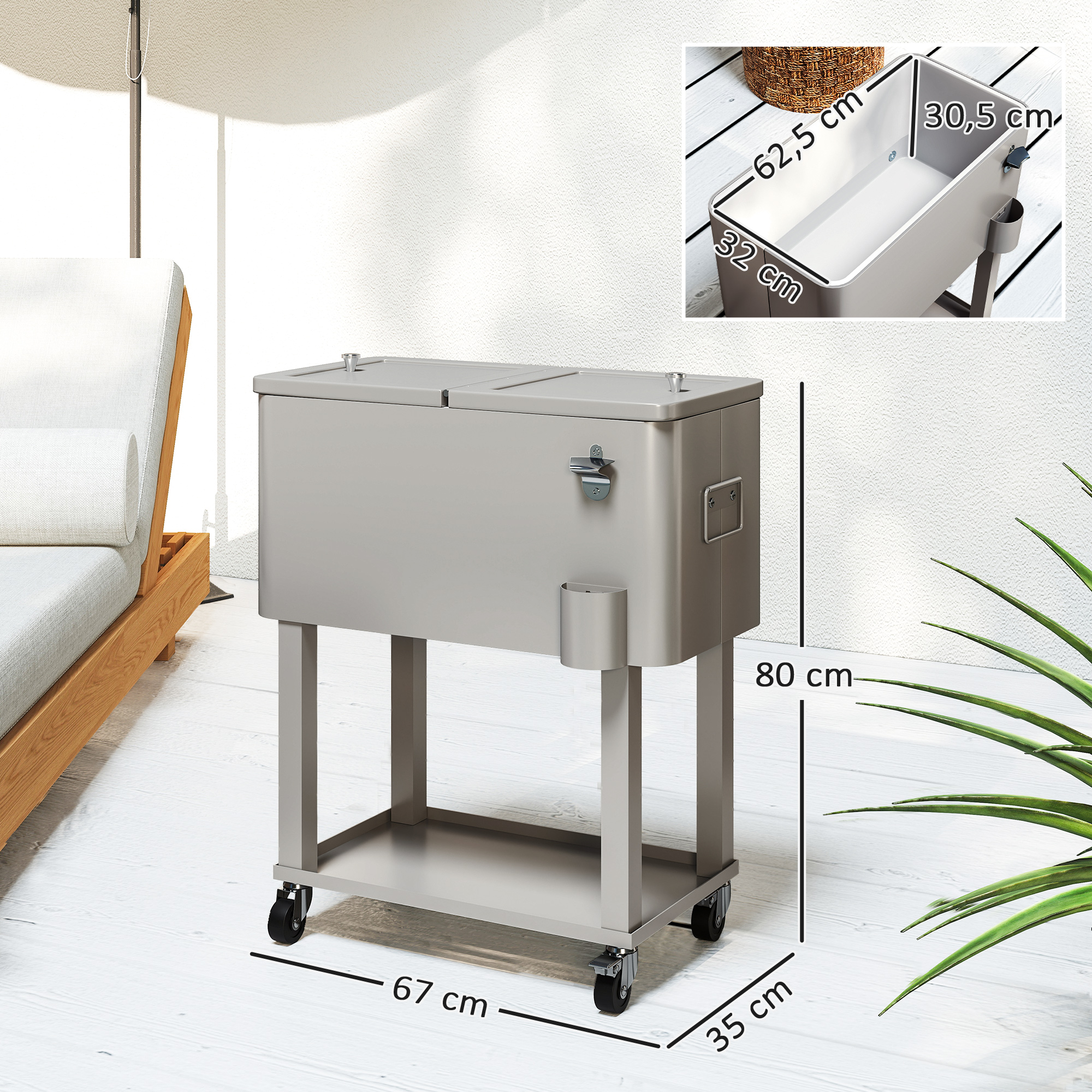 Enfriador gris con ruedas junto a una tumbona. Se muestran las dimensiones.