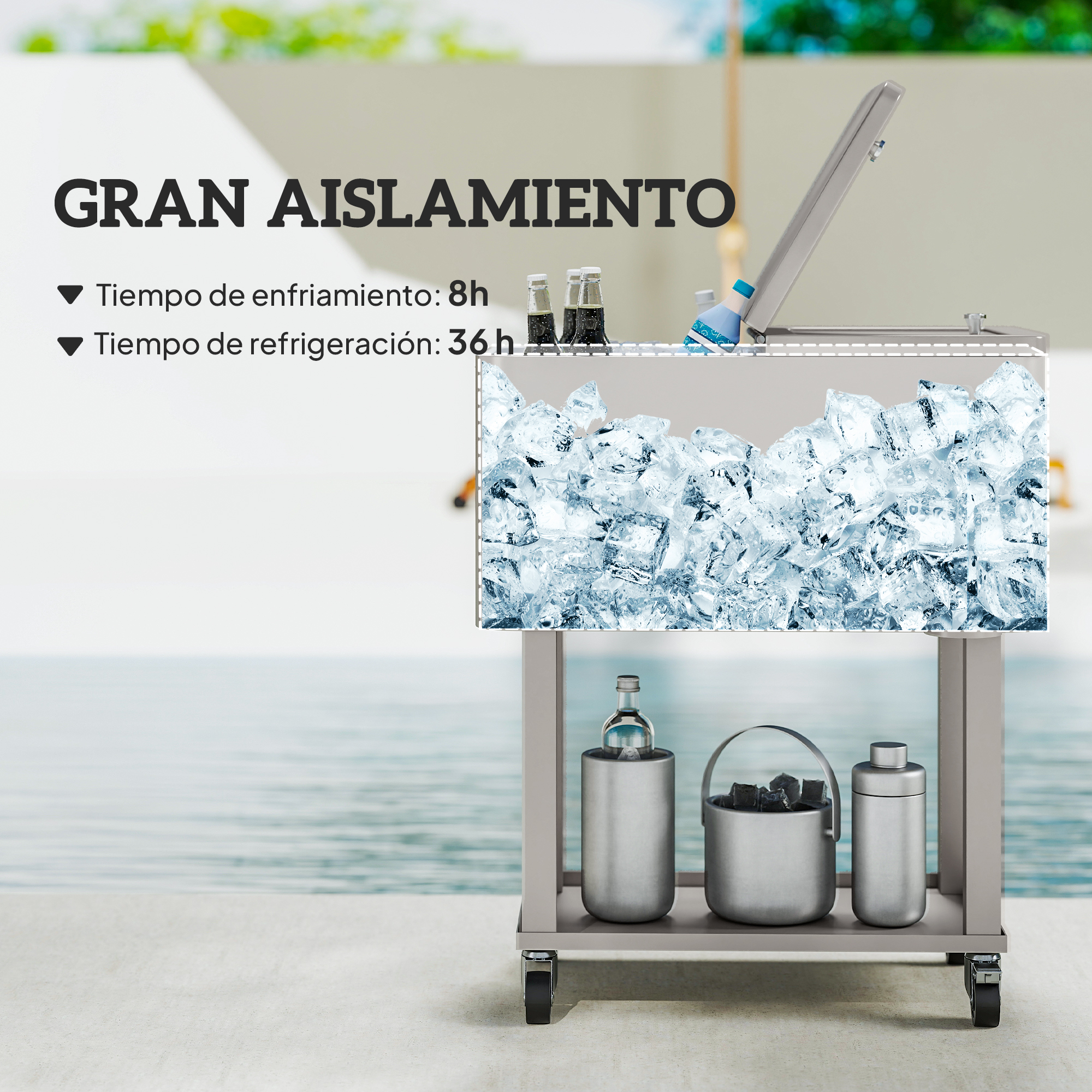 Enfriador plateado sobre ruedas con cubitos de hielo y botellas. Gran aislamiento.