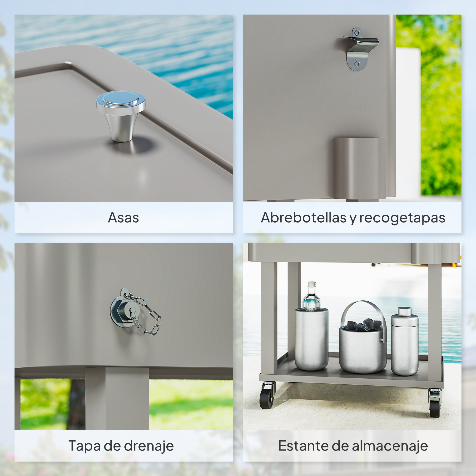 Una nevera con asas, abridor de botellas, tapón de drenaje y estante.