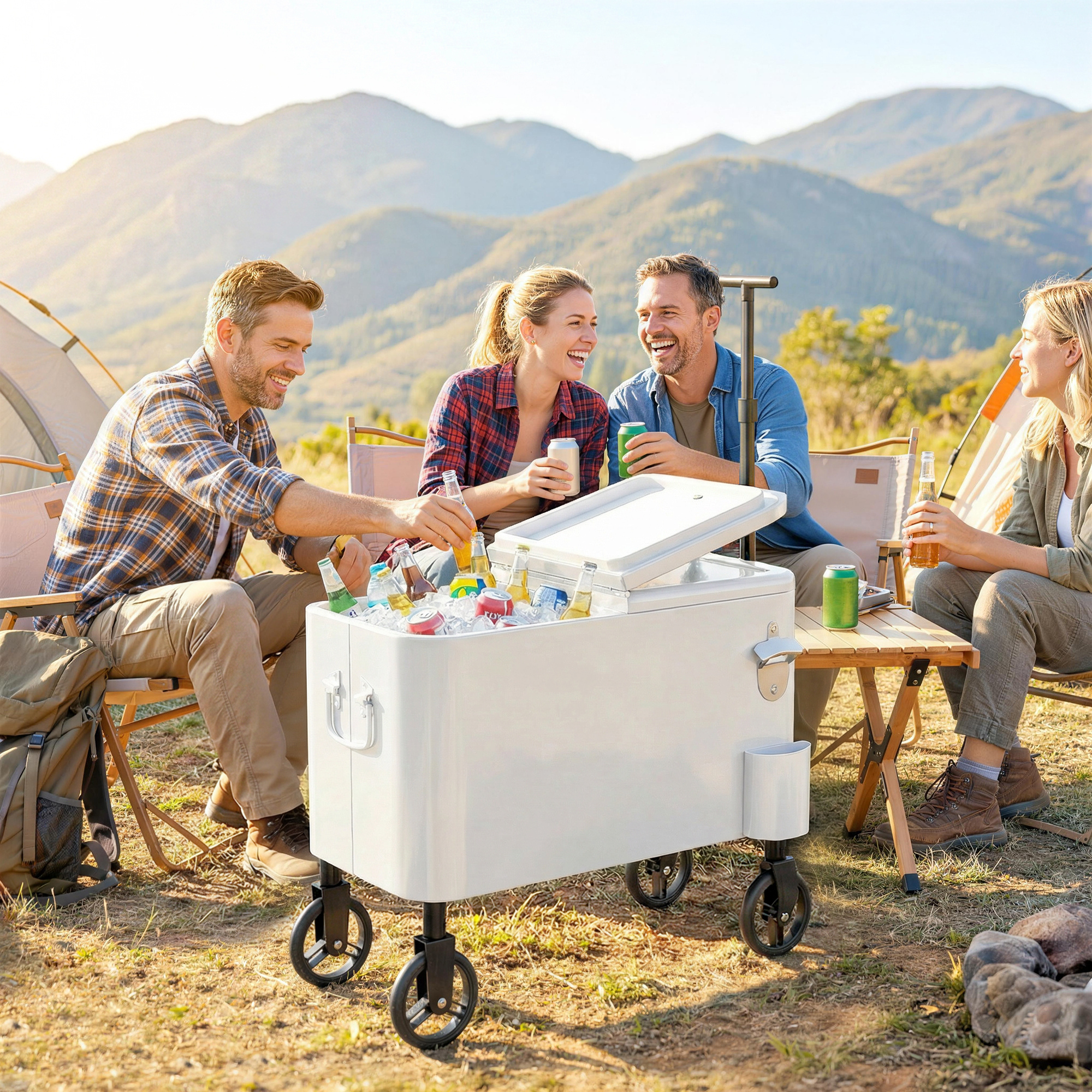 Cuatro amigos disfrutan de bebidas y conversación junto a una nevera en un paisaje montañoso.