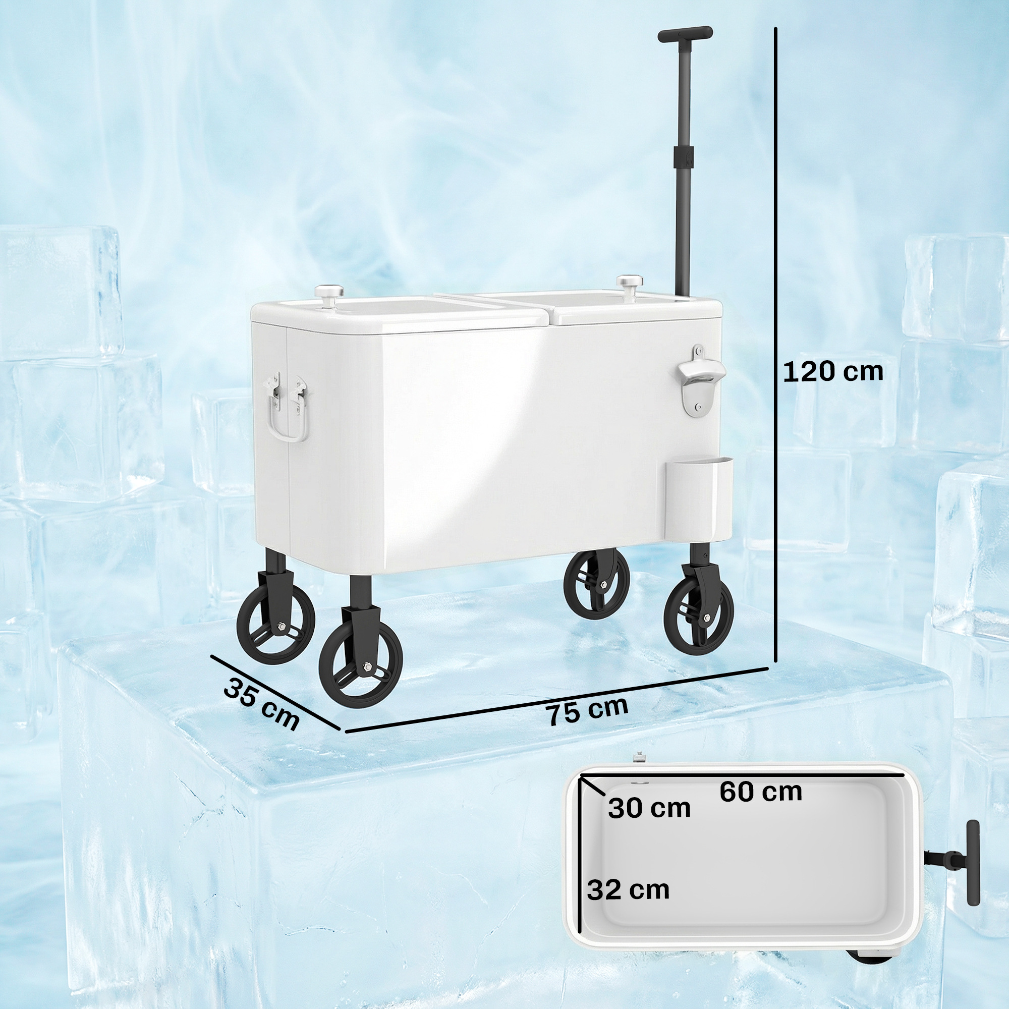 Nevera blanca con ruedas, asa extensible, abridor de botellas y dimensiones.