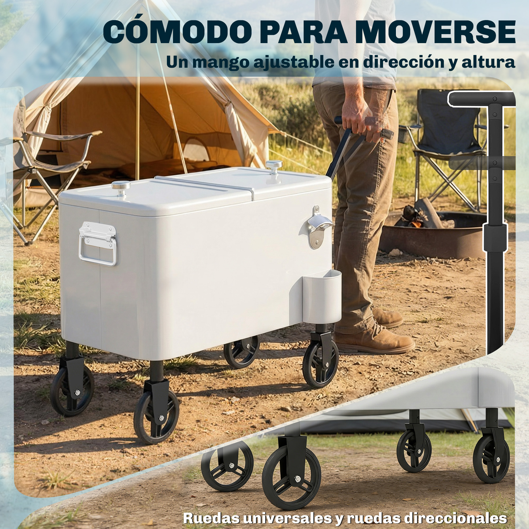 Una persona arrastra una hielera blanca con ruedas en un camping, tienda de campaña al fondo.