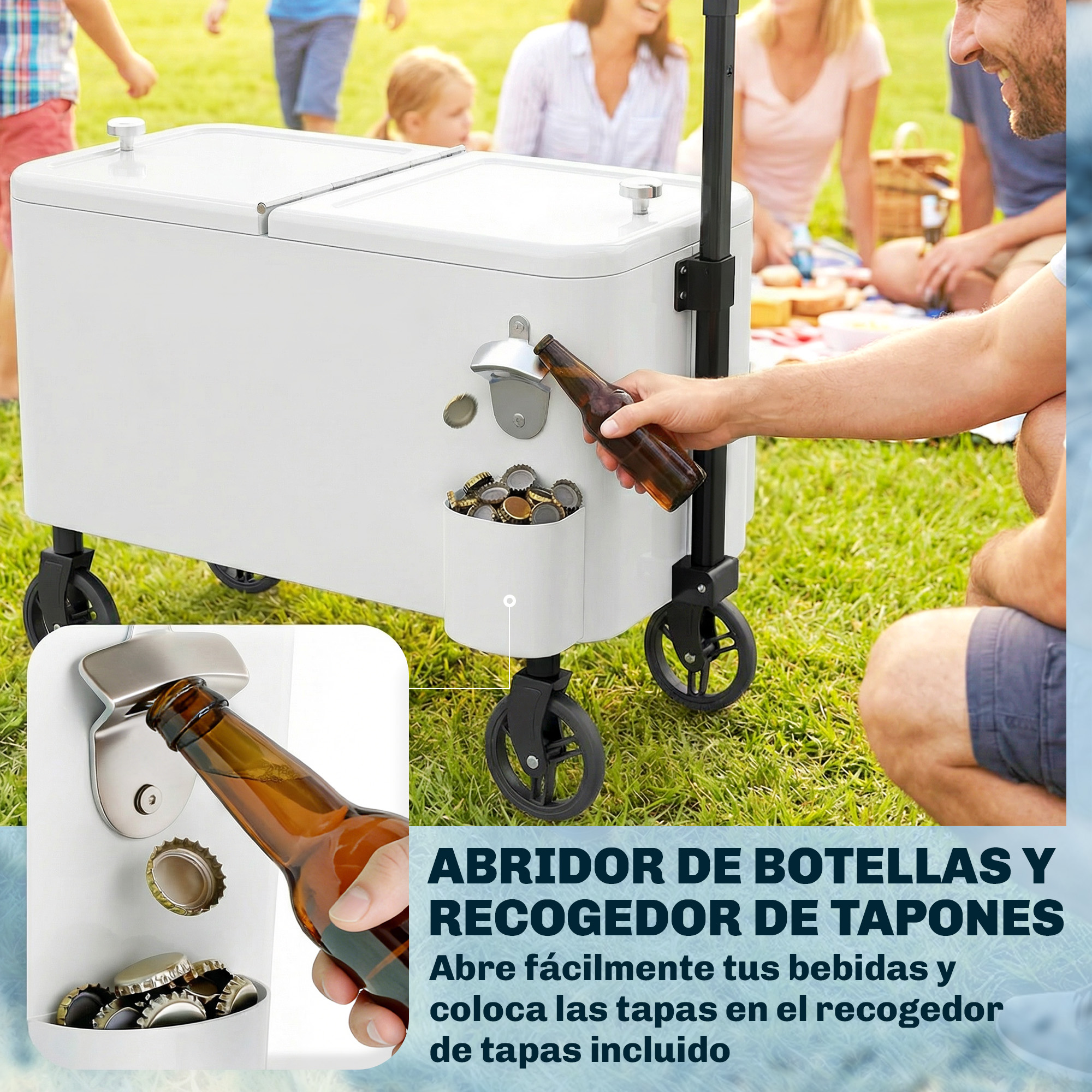 Un hombre abre una botella en una hielera blanca con ruedas en un picnic.
