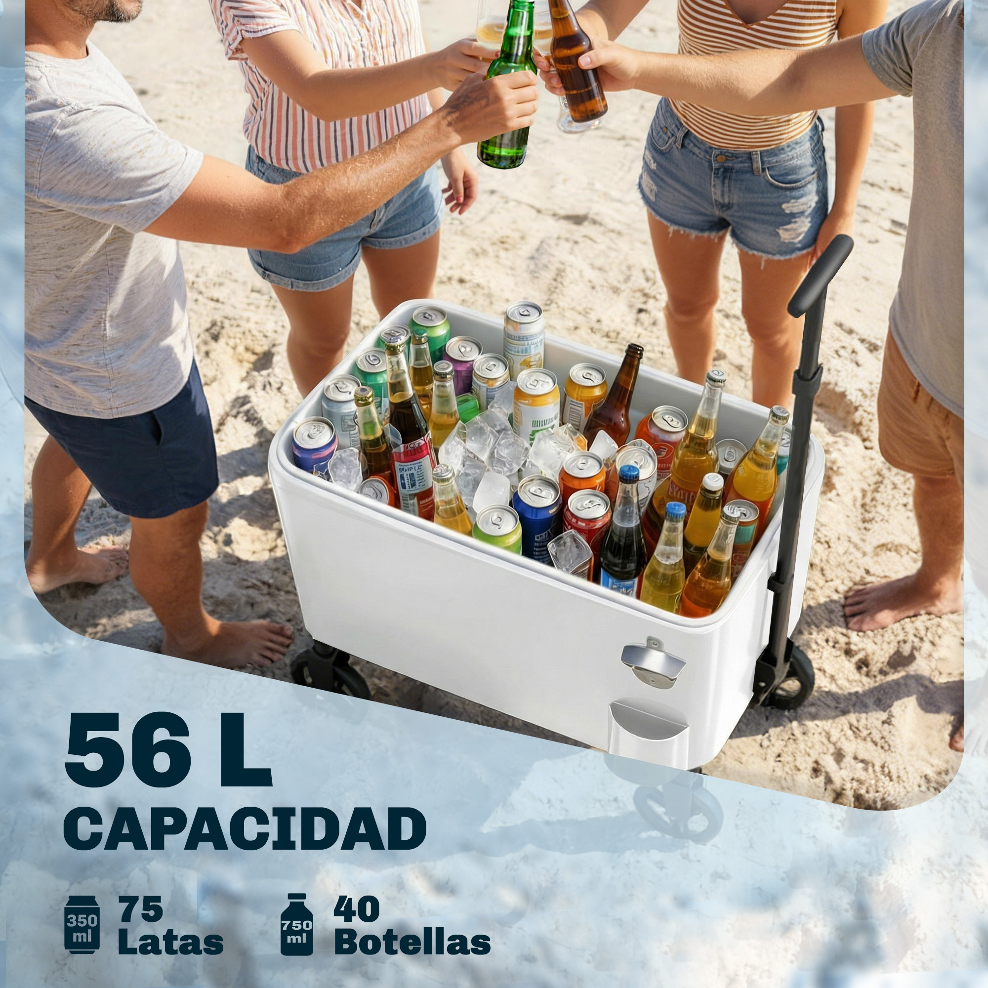 Amigos brindan con bebidas de una hielera en la playa. Capacidad 56L.