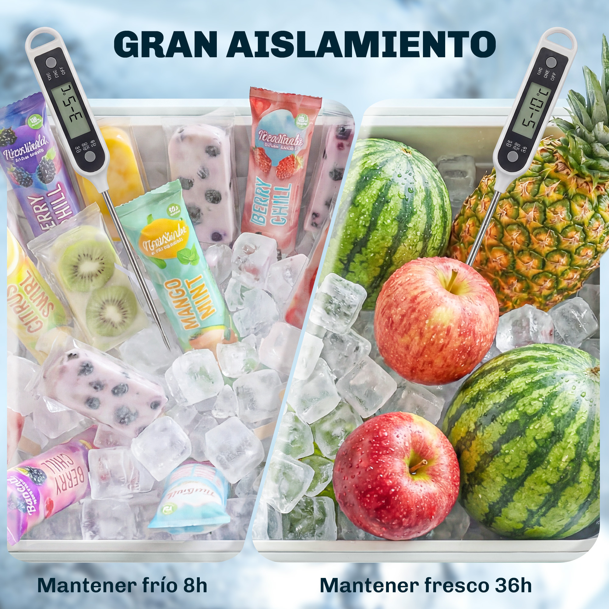 Dulces congelados y frutas con hielo y termómetros digitales en neveras.