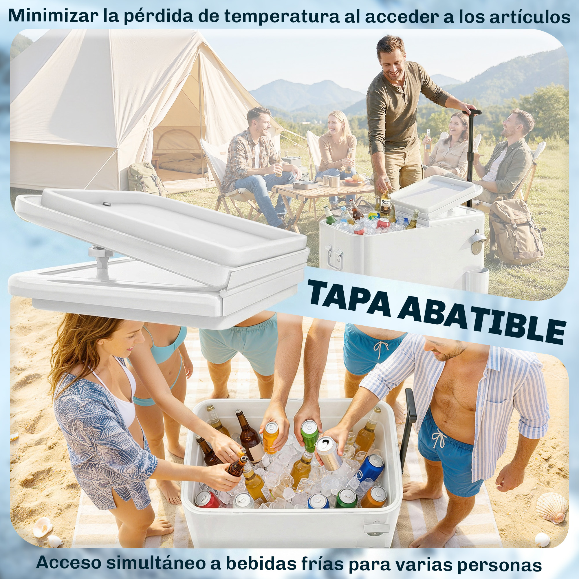 Personas en la playa metiendo la mano en una nevera blanca llena de hielo y bebidas.