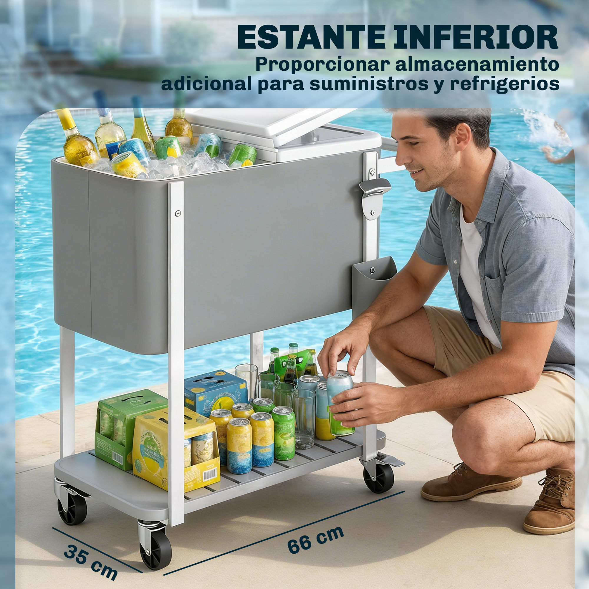 Un hombre se arrodilla junto a un carrito enfriador gris con bebidas, hielo y vasos.