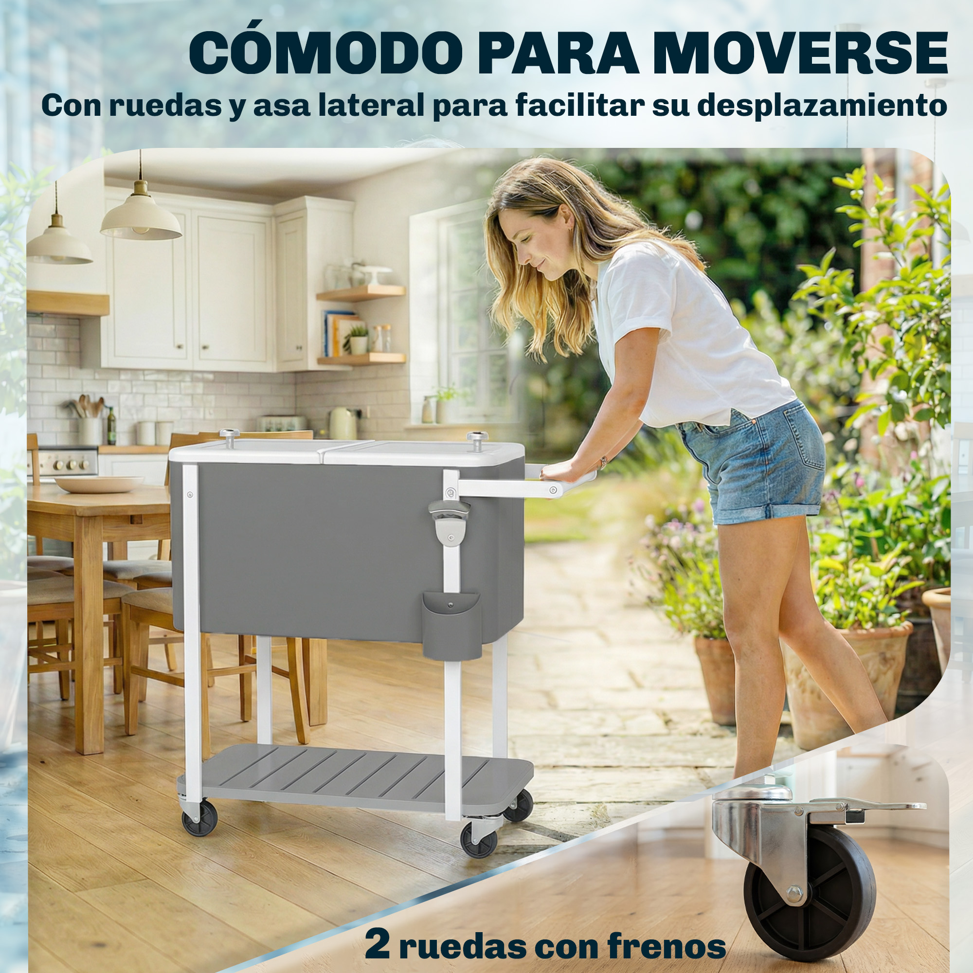 Carrito enfriador gris con ruedas y asa lateral, frente a una cocina y al aire libre.