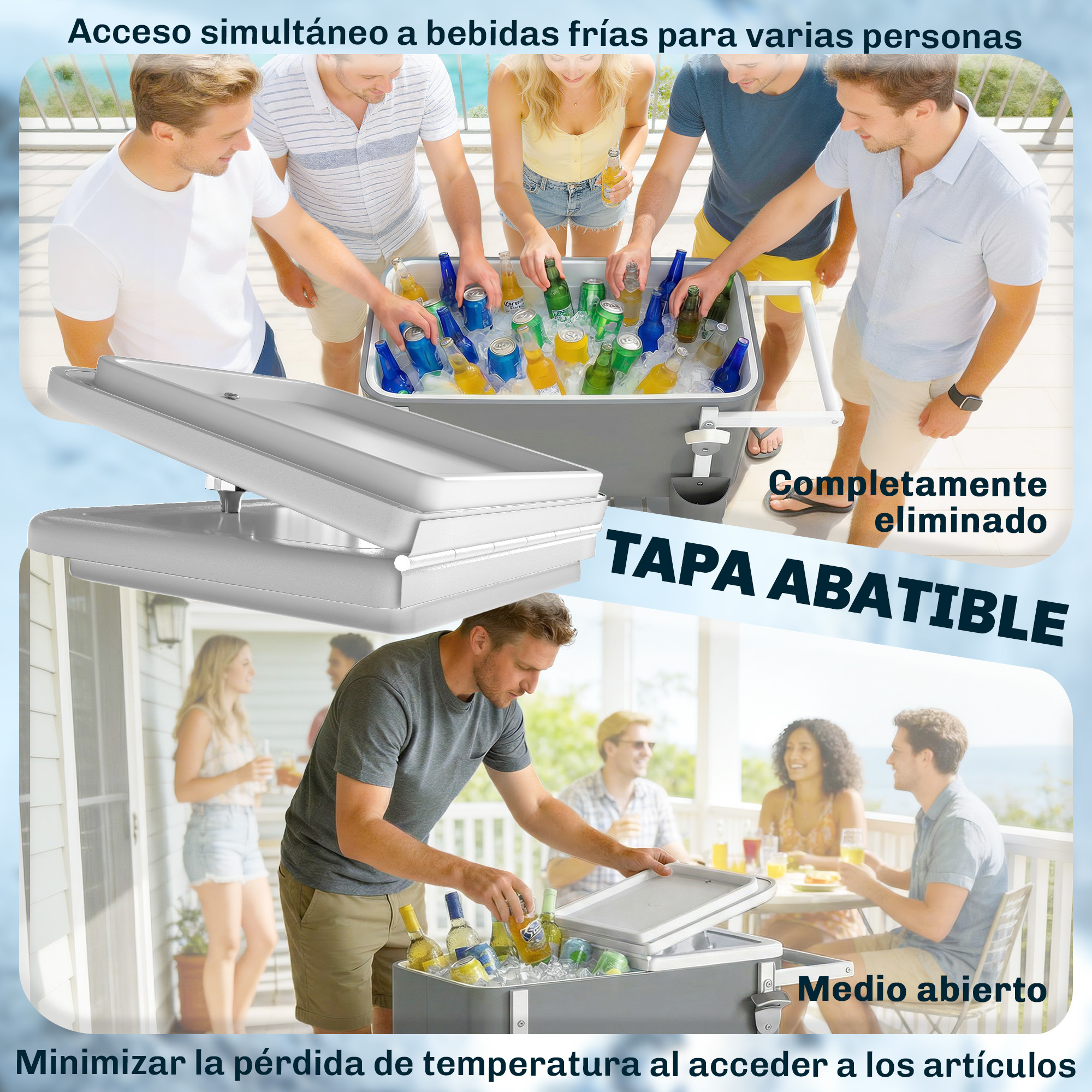 Personas accediendo a bebidas de una nevera llena de hielo.