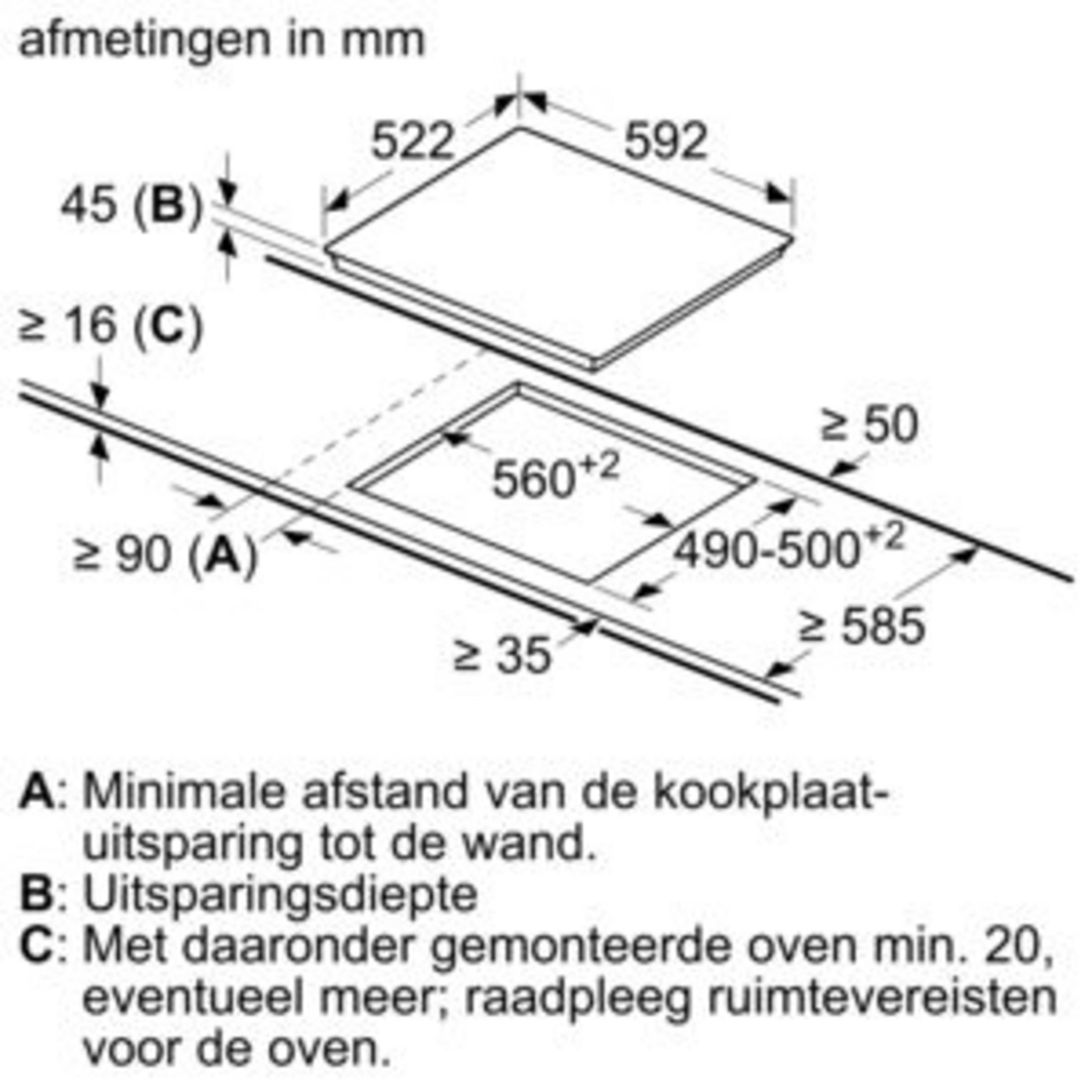 Technical drawing with dimensions for built-in hob installation. Units in mm.
